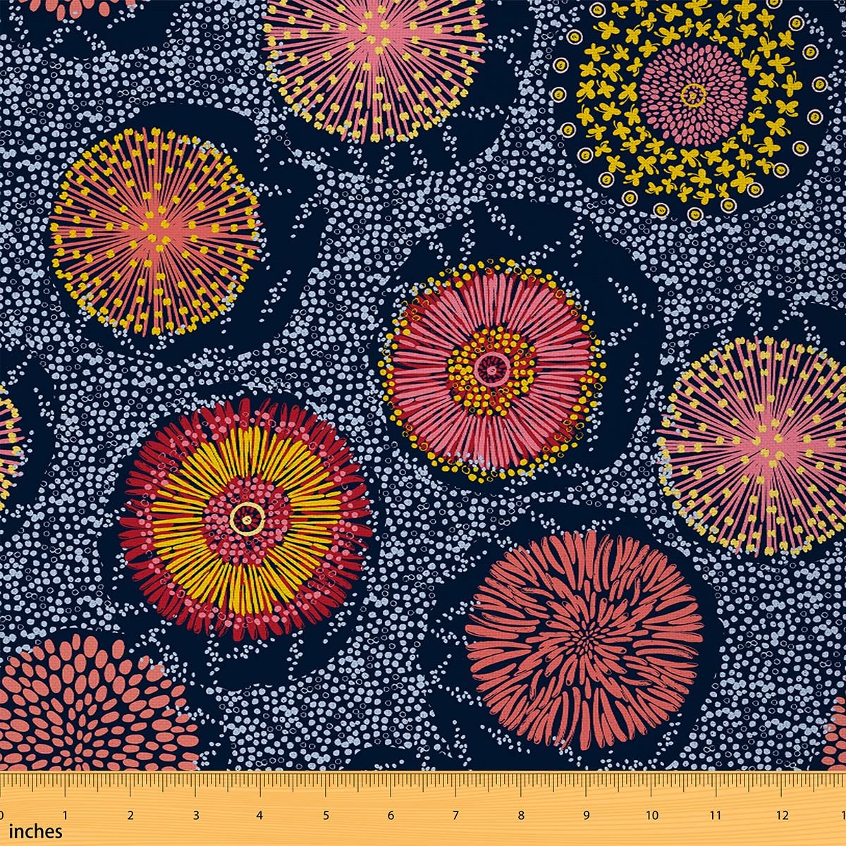 Mandala Flower Decorative Fabric by The Yard Rustic Dandelion Floral Nature Plant Indoor Outdoor Upholstery Fabric Retro Pink Yellow Blue Polka Dot Fabric for Quilting Sewing Arts DIY Craft,1 Yard