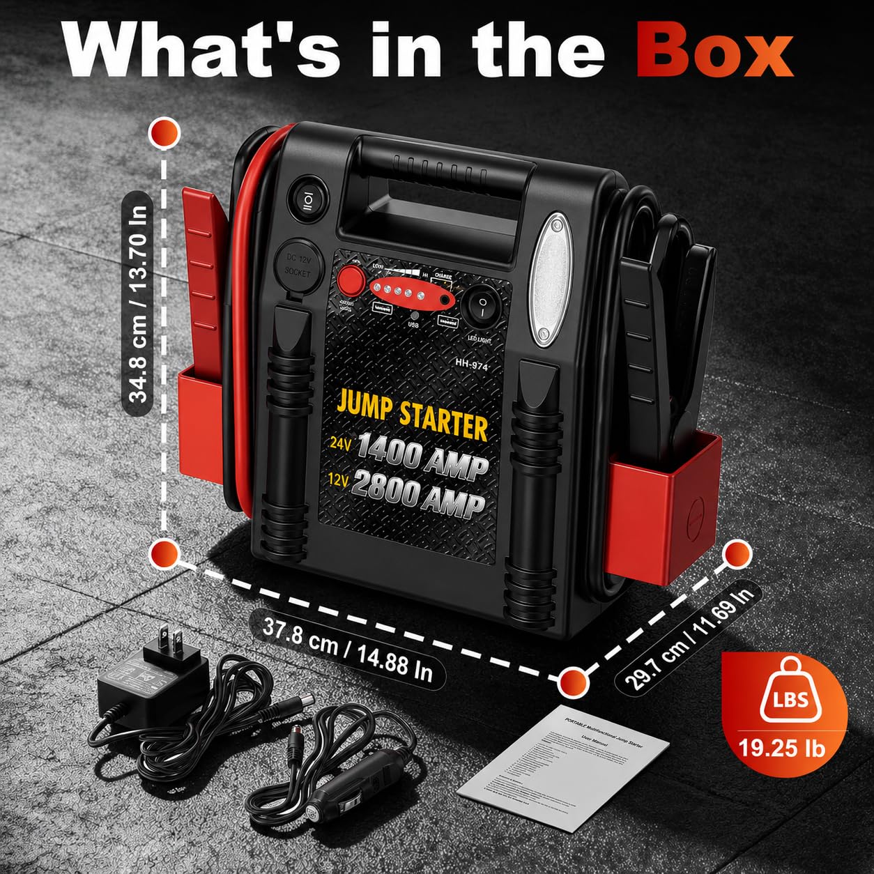 Arrancador de coche resistente de 2800 A/1400 A, 12 V/24 V y amplificador de batería, paquete de puente, energía de emergencia de plomo ácido para coches, camiones, SUV, barcos, caravanas