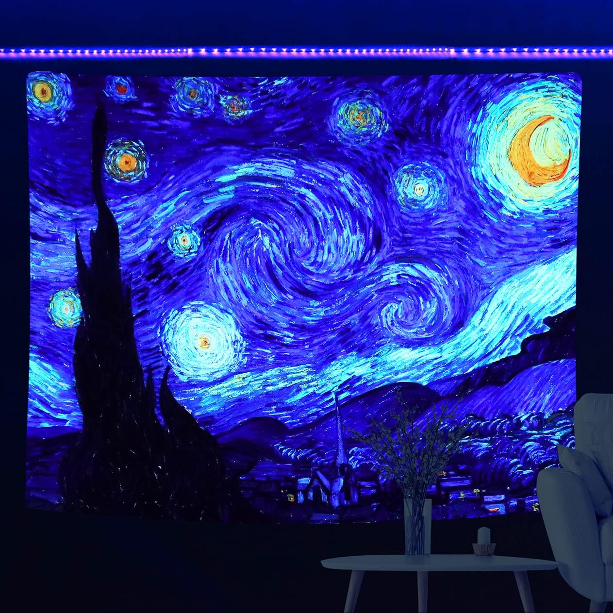 Sinsoledad Blacklight Tapestry Starry Night by Van Gogh Wall Art Decor for Bedroom Aesthetic, Abstract Hippie Trippy Wall Hanging UV Reactive Fabric Poster for Living Room Dorm Décor