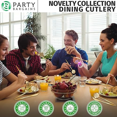 Miniatura 5 de Party Bargains Juego de cubiertos de plástico, 80 unidades, diseño novedoso, dorado, 32 tenedores, 16 cuchillos, 32 cucharas, cubiertos desechables,