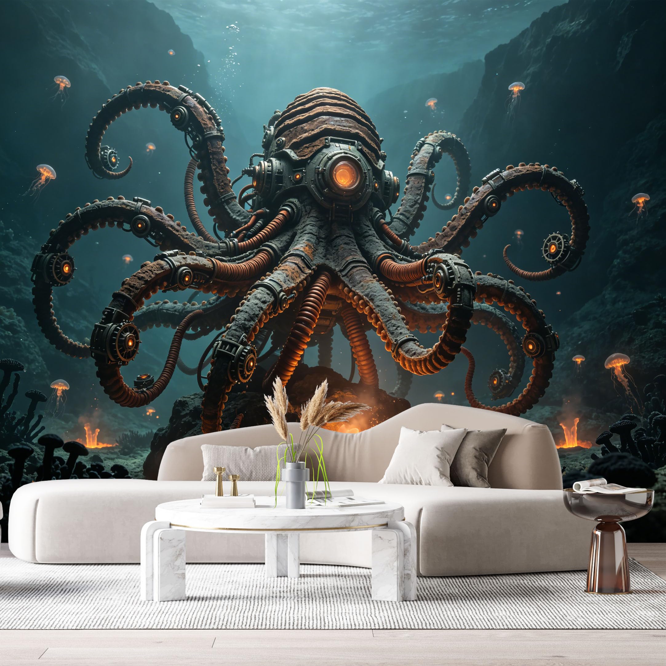 Custom Size Wall Mural Mechanical Octopus Deep Sea SciFi Steampunk Submarine Robot SelfAdhesive Art Prints Removable Large Wallpaper Boy Bedroom Esports Room Game Room Tenant Room Studio