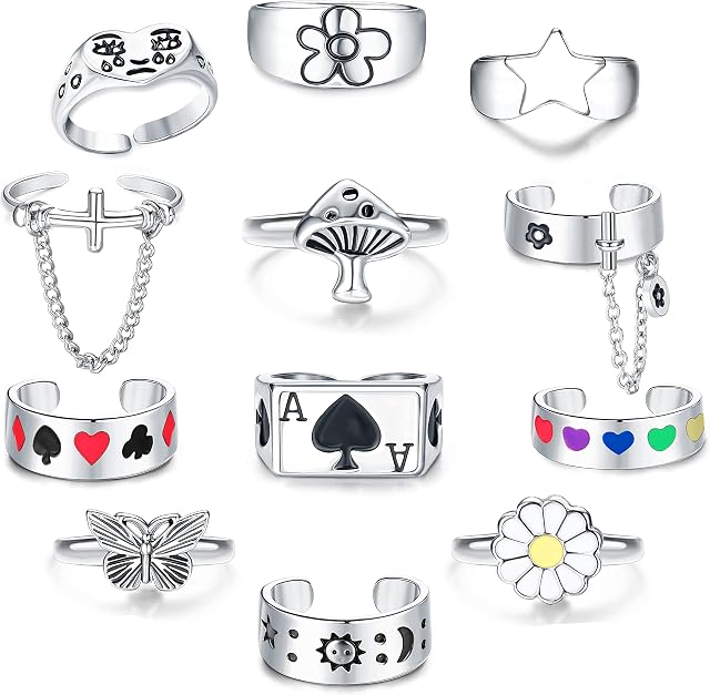 Dochais 12 PCS Butterfly Chunky Knuckle Ace Rings Punk Unisex Rings Finger Gothic Rings Women Set Cool Silver Open Adjustable Goth Stackable Rings Jewellery