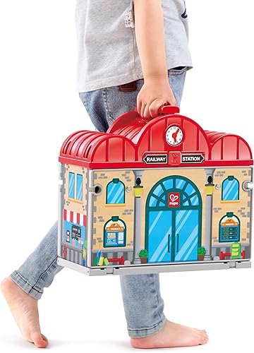 Miniatura 3 de Hape Juego de estación de tren de madera portátil, juego de tren para niños, rieles, estación de tren y personajes, fácil de transportar