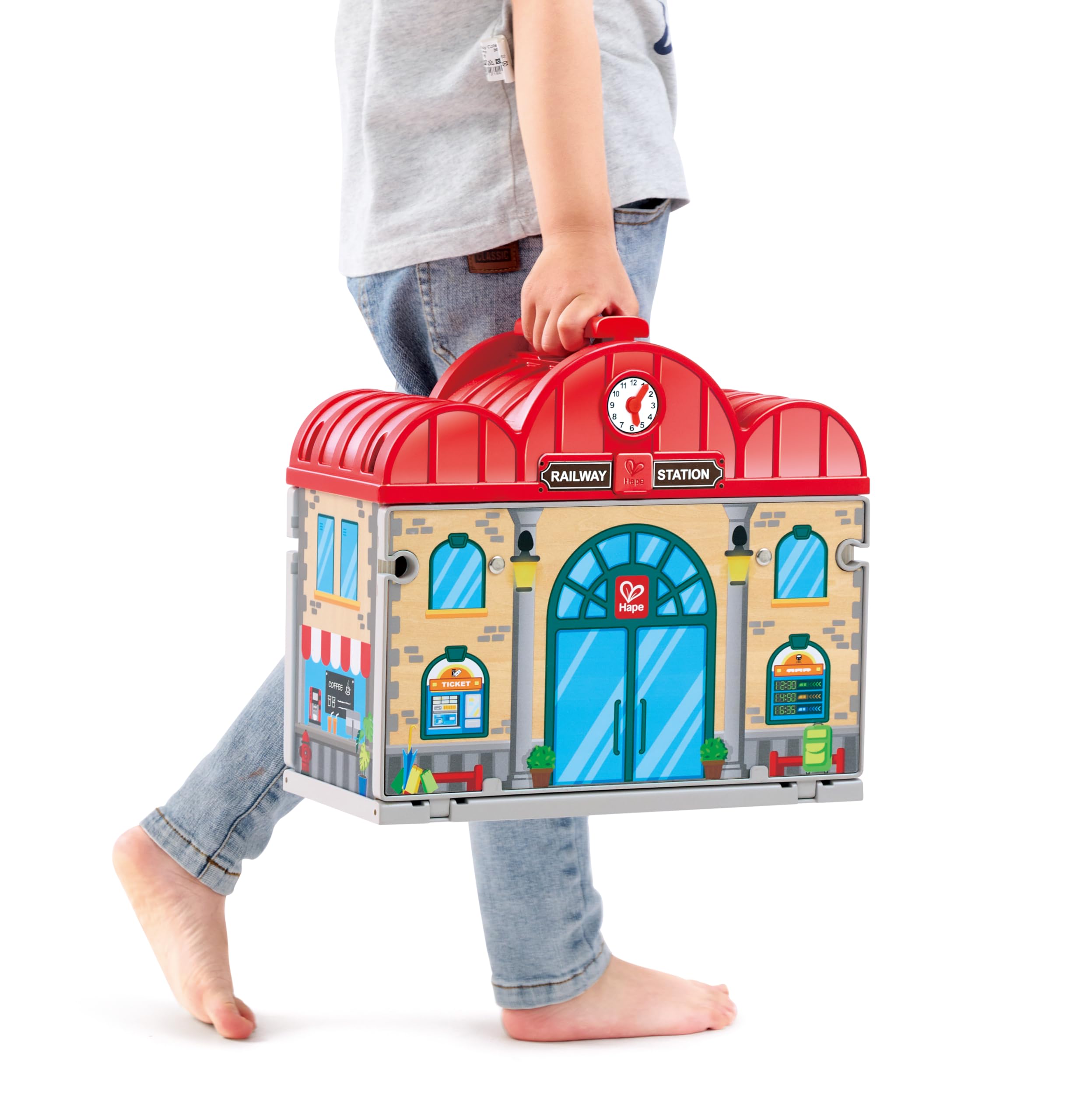 Estación de Tren de Madera portátil de Hape | Juego de Tren para niños | Vías, estación y Personajes | Fácil de Transportar