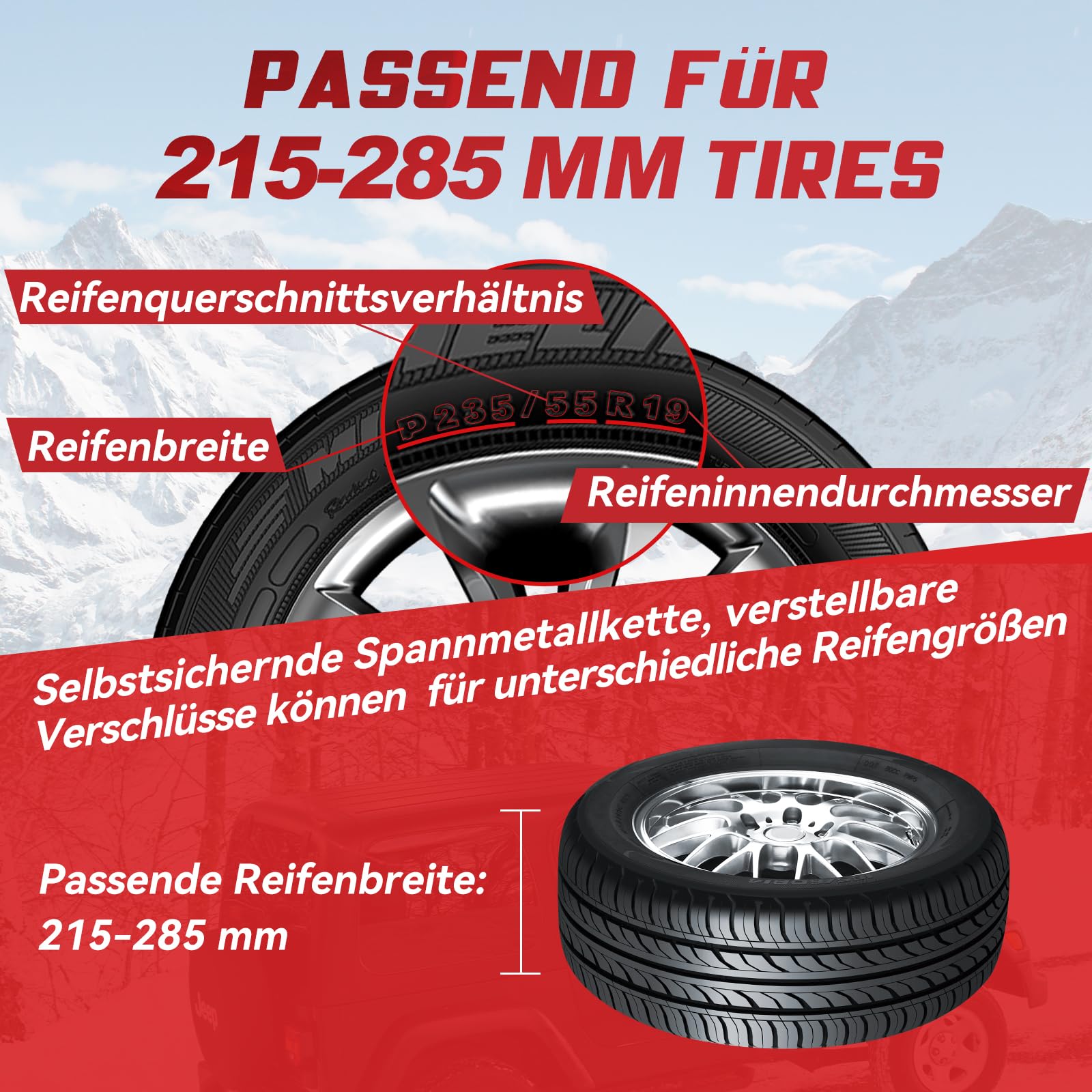 MOONCOOL Catene da Neve Universali 8 Pezzi 1 Set Montaggio Facile per Pneumatici 215-285 mm