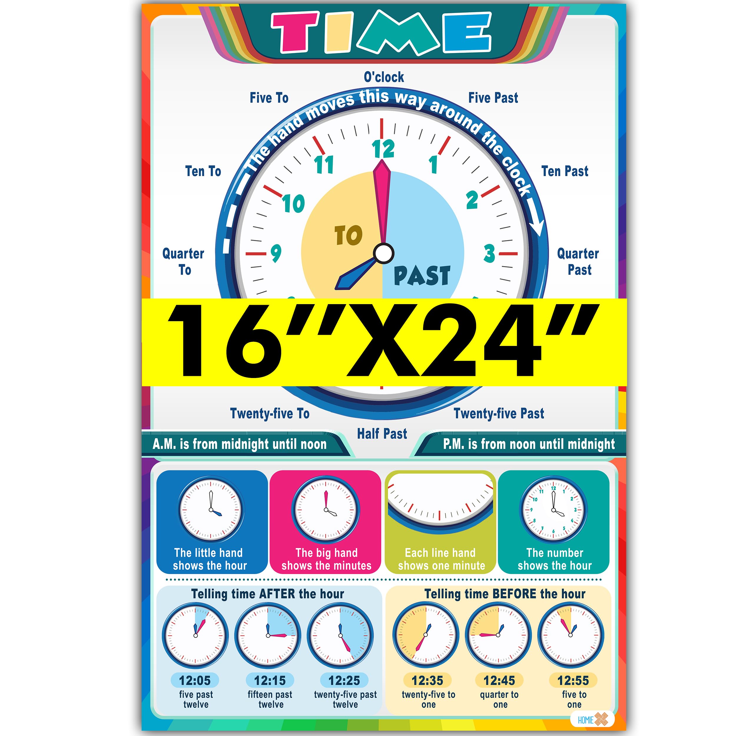 How To Tell Time Poster for Kids, Time-Telling Mastery Classroom Clock, Colorful Educational Poster (16''x24'') for Preschool to Elementary Kids Age 3+