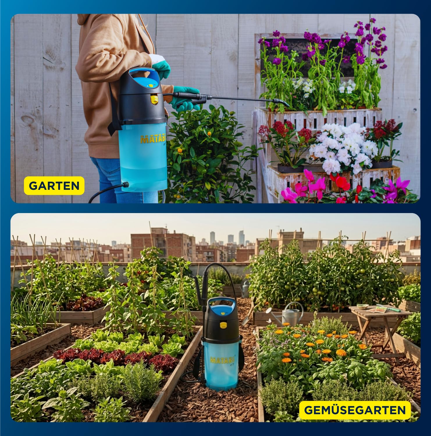 Matabi e7 Akku Drucksprüher 5 l - 50 l Autonomie, USB-C | Akku-Spritze mit 1,3 m Schlauch - Verstellbare Kegeldüse - LED-Anzeige - 36 cm Lanze - Für Garten und Beet