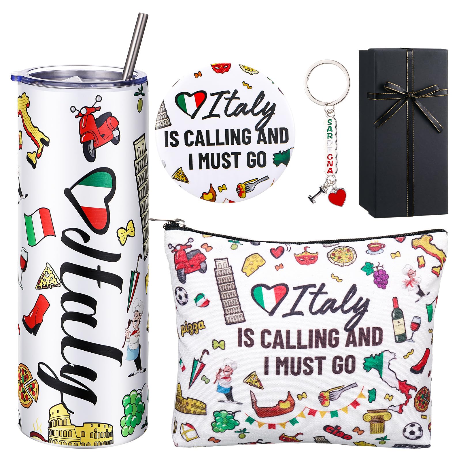 Sieral 5 Pcs Italy Travel Gift Set Funny Italy Themed Travel Trip Souvenir Gifts Includes Cosmetic Bag Thermal Cup Keychain for Traveler Women