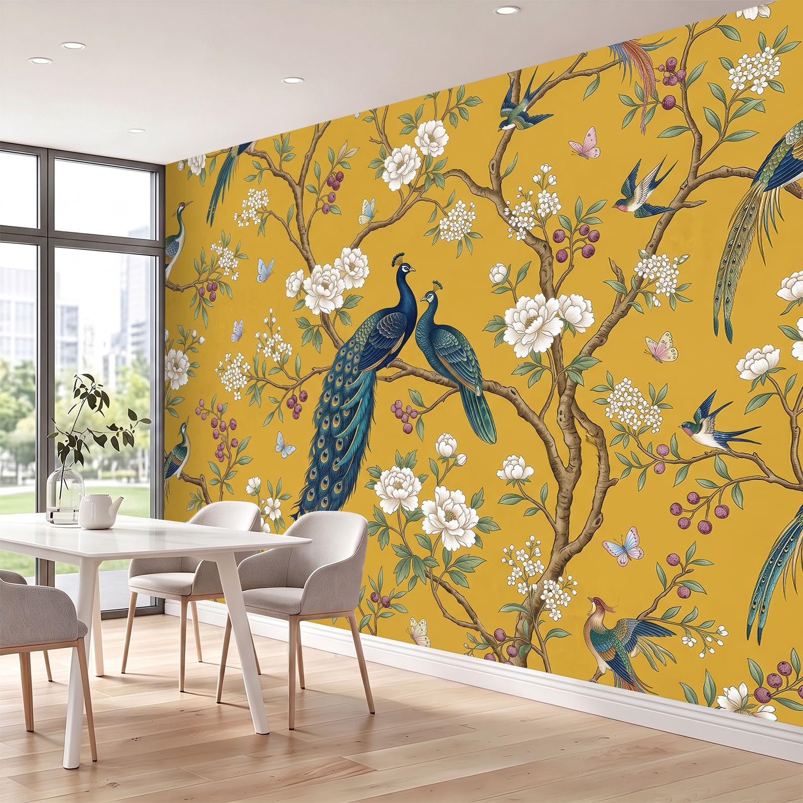 Vintage Chinesischer Wald Panorama Fototapete 300 x 210 cm, Pfingstrosen Beeren Pfau Schwalben Schmetterlinge Vlies Tapeten Wandtapete, Gelb Wandbilder Tapete für Wohnzimmer Schlafzimmer Apartment