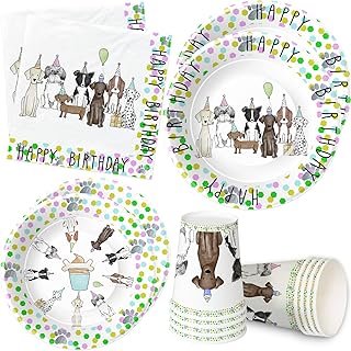 Xigejob Dog Birthday Party Supplies Tableware - Puppy Dog Party Decorations, Plates, Cups, Napkins, Puppy Theme Baby Shower Dinnerware | Serve 24