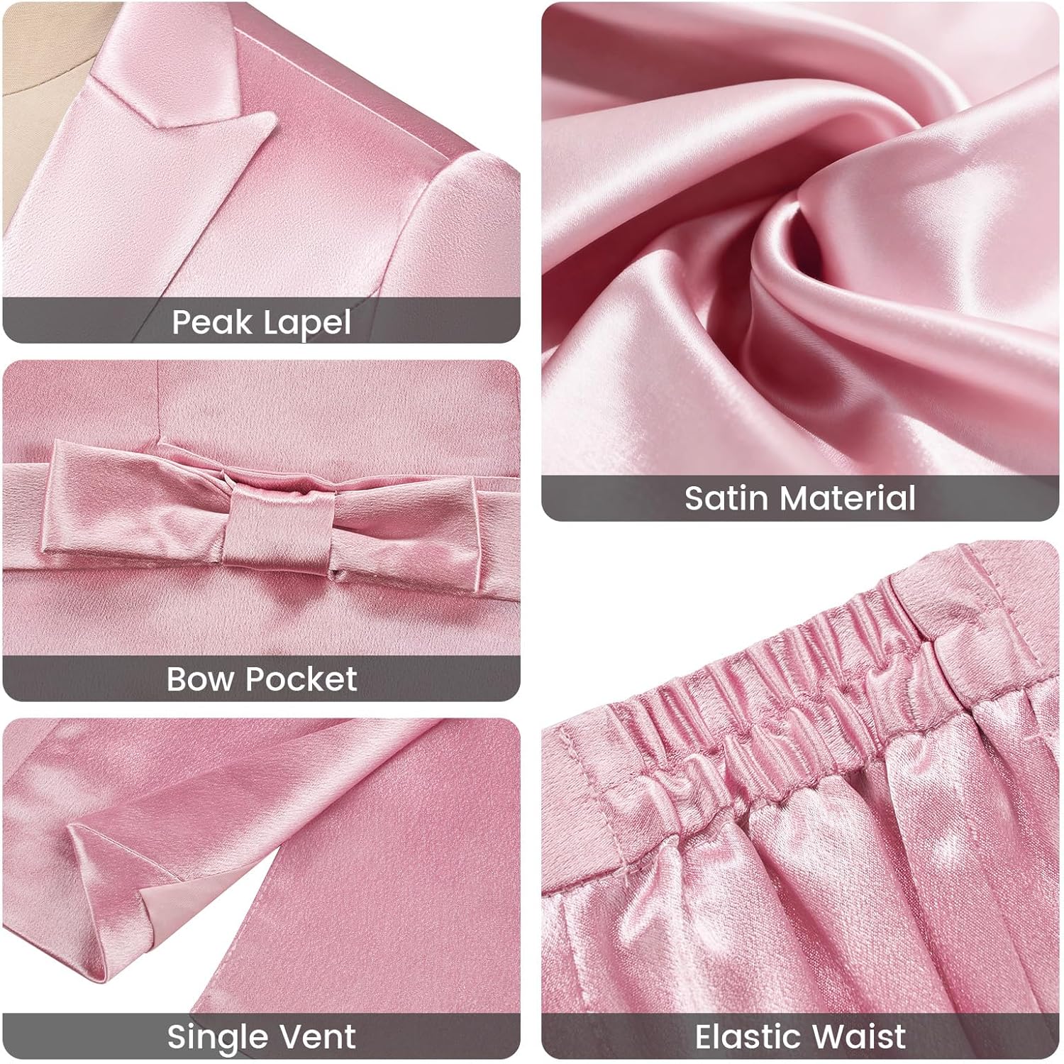 Women's 2 Piece Satin Suit Double Side Bows One Button Peaked Lapel Outfits Party Wedding Blazer Jackets and Pants Set - Image 3