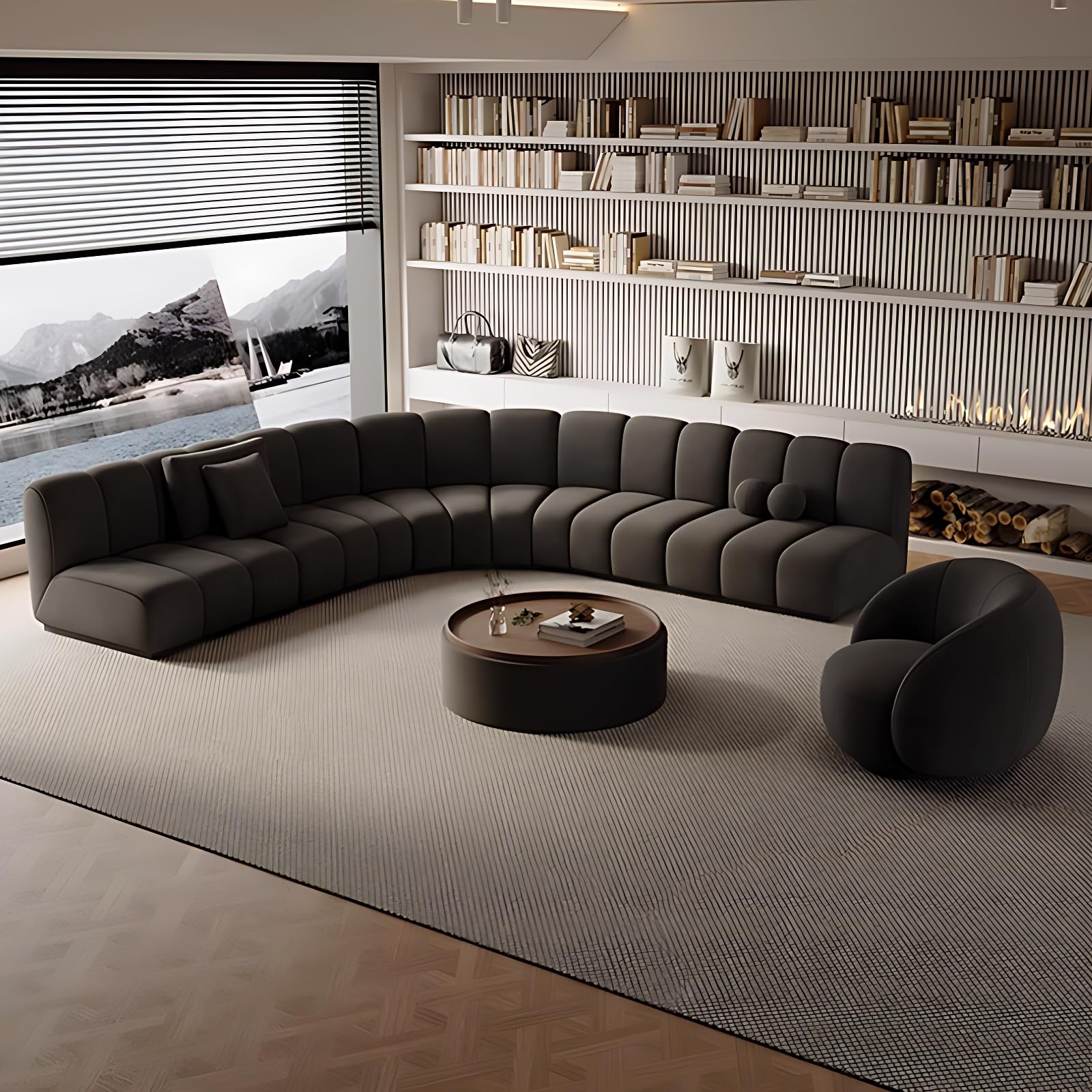 LyckTre Luxury Curved Sectional Sofa Set – Modern Leather Couches for Living Room, Stylish Sectional Couch with Coffee Table Included (Black Curved