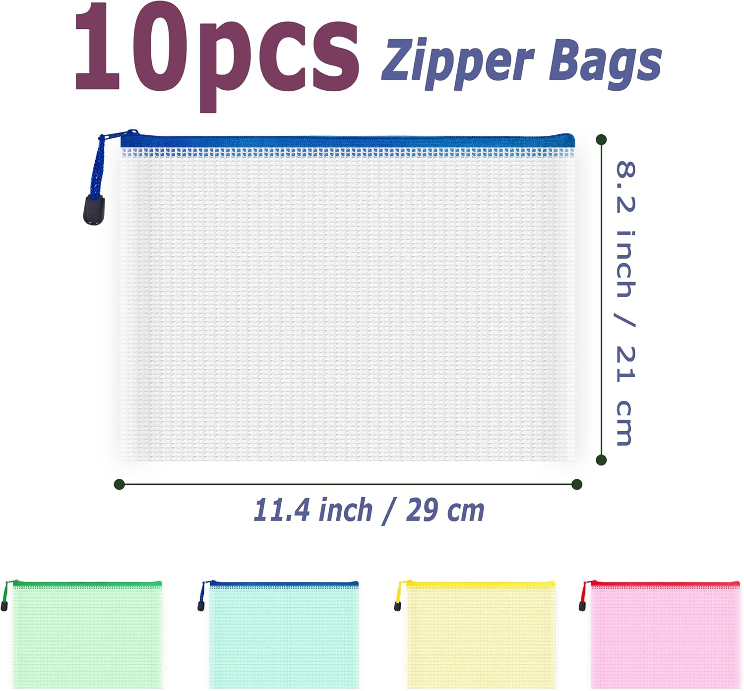 10 Pcs Zipper File Bags, Waterproof Plastic Mesh Pouch for Office School, Board Game Storage Bags (B5 Size 11.4''x8.2'', Multicolored) image 2