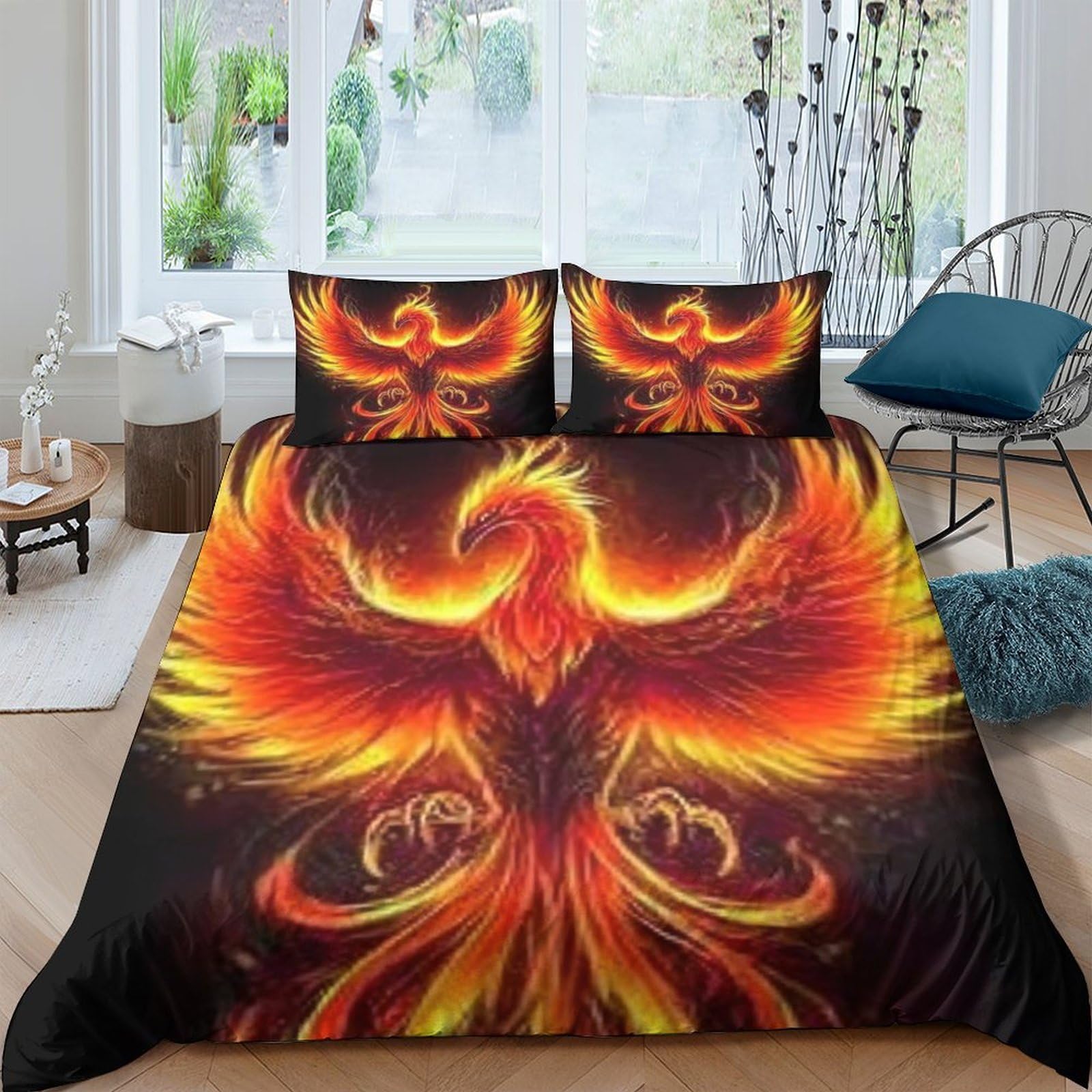 GPLZQXKJNH 3D Printed Fire Phoenix Duvet Cover Microfiber Soft Breathable Flame Bird Bedding Set with 2 Pillowcases for Bedroom Decor, Single（135x200cm）