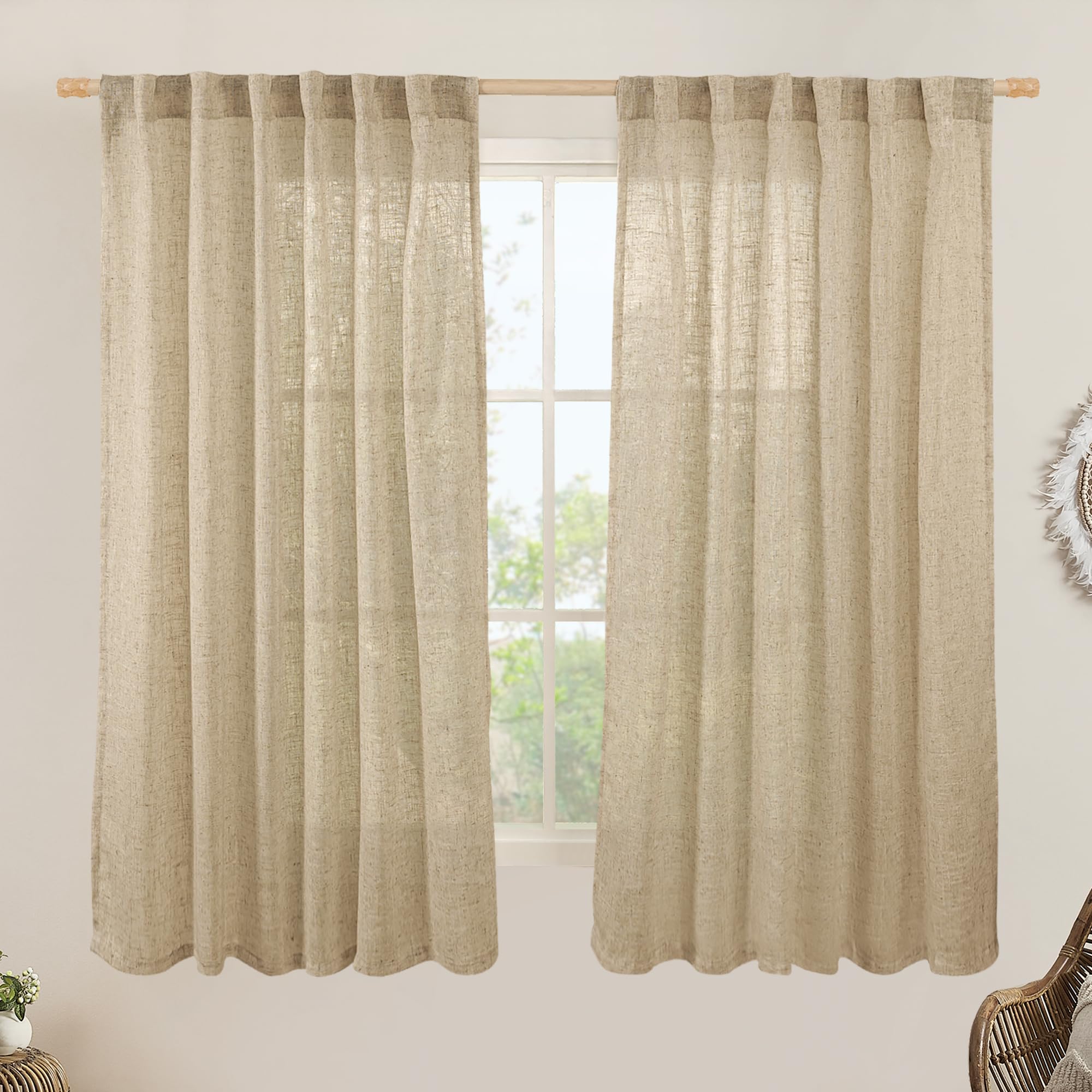 LAMIT Brown Semi Sheer Linen Curtains 60 Inch, Light Filtering Panels