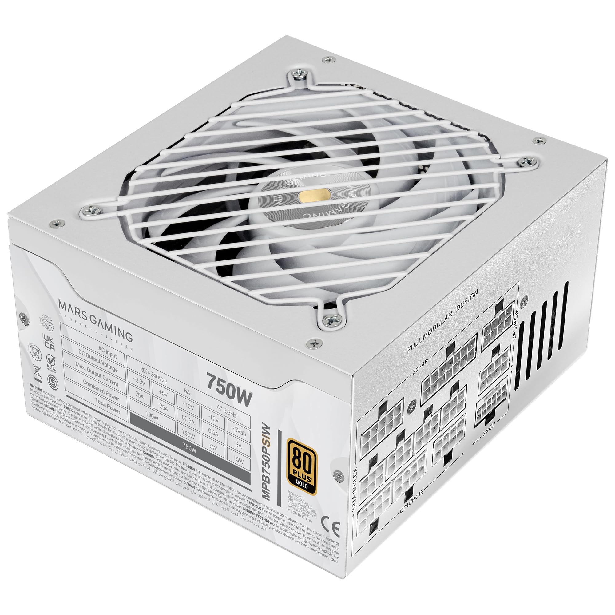 Mars Gaming MPB750PSI, Zasilacz komputerowy Full Modular 750W, 10 lat gwarancji, 80Plus Gold 90%, Wentylator SI Extreme Silence, Technologie AI2-RPM, DC-DC i SMD, ATX 3.1 i PCIe 5.1 Biały