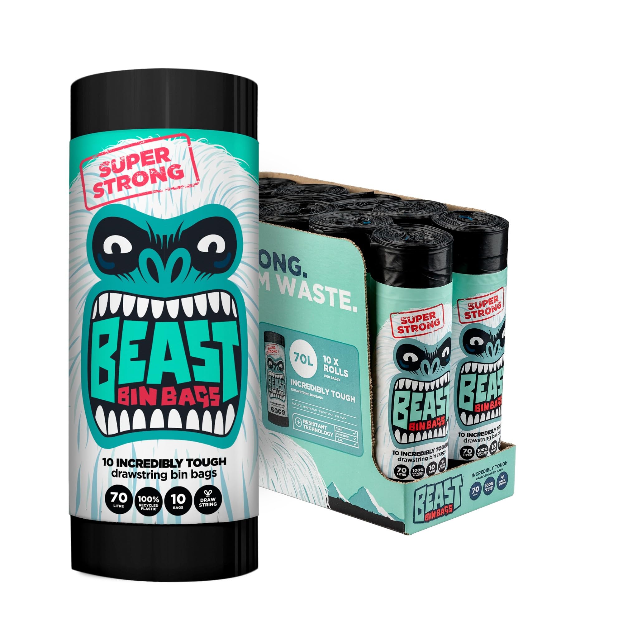 Beast Bin Bags 70L (100 Total Bags) 10 Rolls Of 10 X 70 Litre Bags (Total 100 Bags) - Made From 100% Recycled Lldpe - Incredibly Strong Drawstring Black Bin Bags
