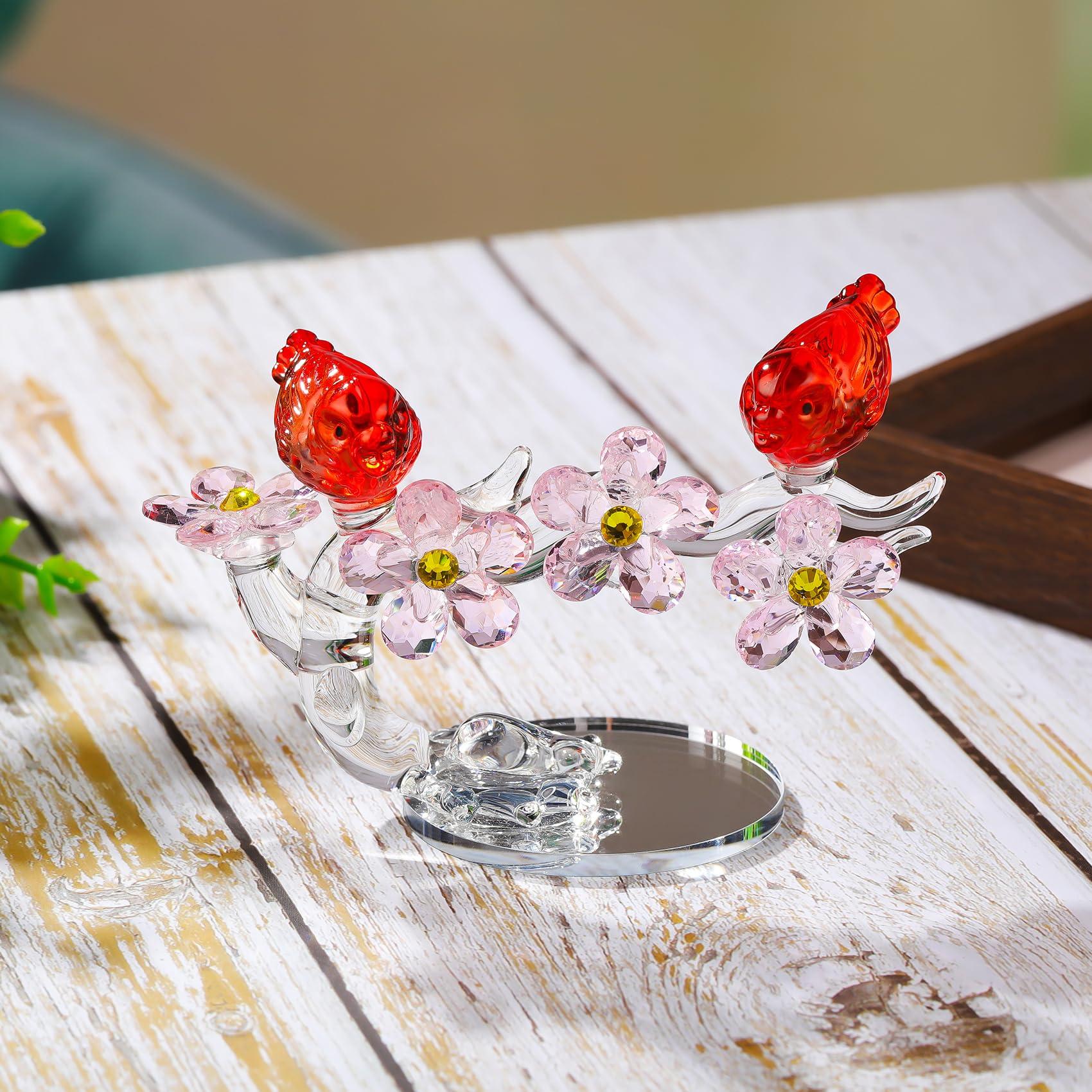 Movdyka Crystal Flowers with Birds Couples Gifts for Wedding Ruby Anniversary Glass Floral Animal Collectible Figurines Presents for Newlyweds Married Couple Housewarming Ornaments for Parents (Red) - Image 2