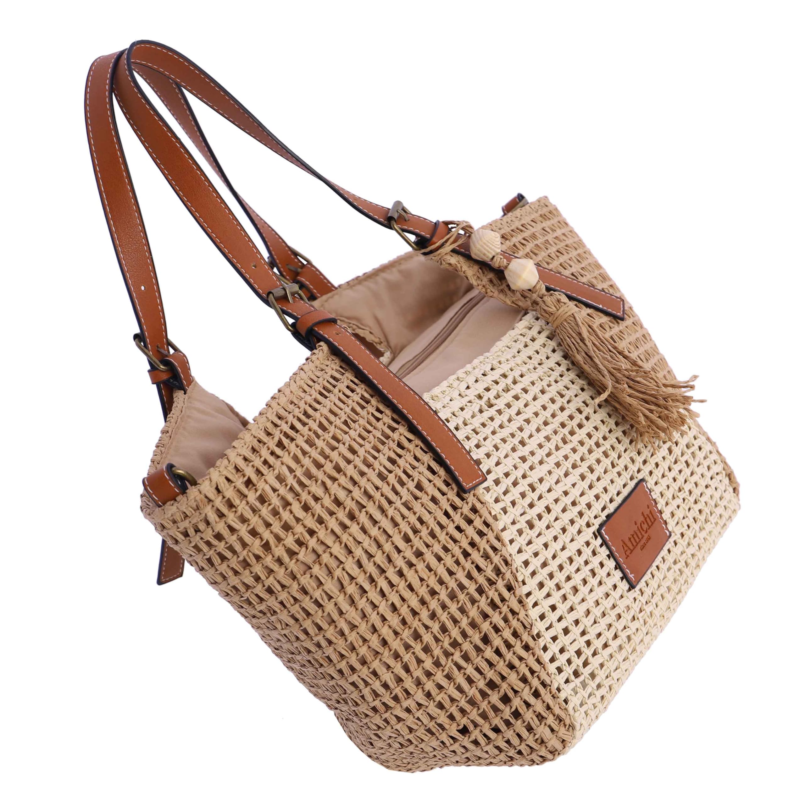 AMICHI - Bolso de mano de rafia para mujer - Bolso mano playa mujer - Bolsa playa para mujer, Nerja