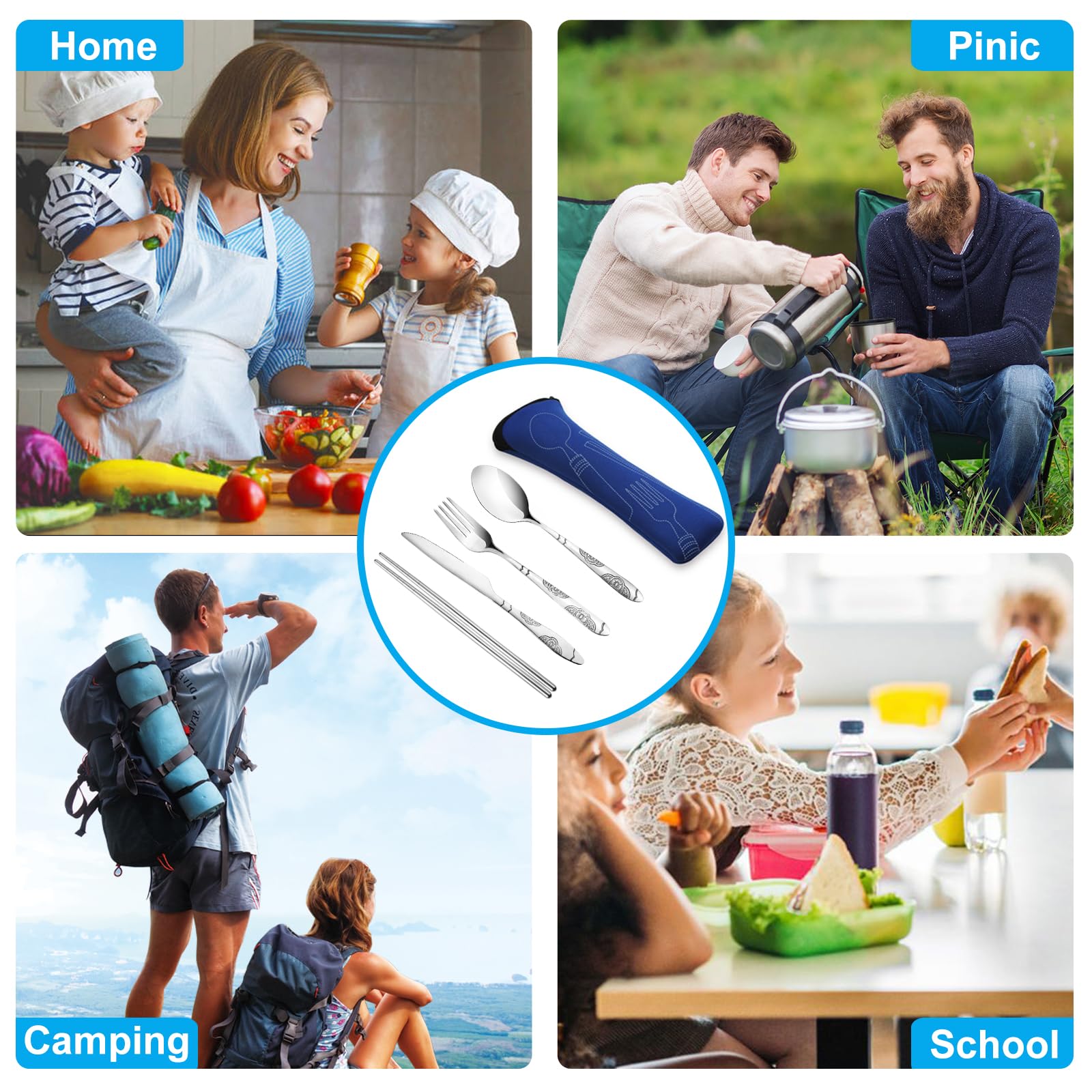 20-teiliges Premium-Reiseutensilien-Set mit Etui, Edelstahl, wiederverwendbar, tragbares Utensilien-Set mit Etui, lengnoyp Reise-Besteck-Set mit Tasche für Lunchbox, Camping, Silber
