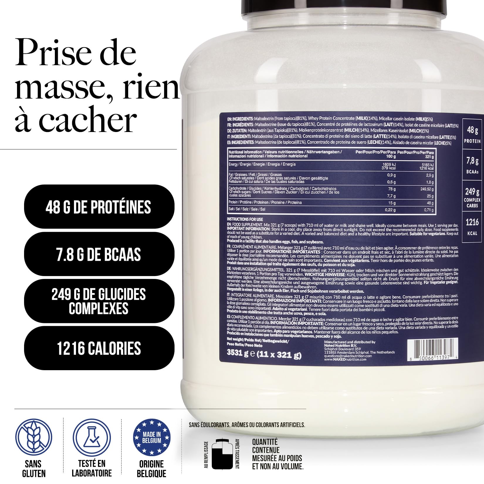 NAKED Mass – Poudre protéinée naturelle pour la prise de masse, sans arôme – 3531 g – Sans OGM, sans gluten, sans soja. Sans ingrédients artificiels – 1216 calories par portion