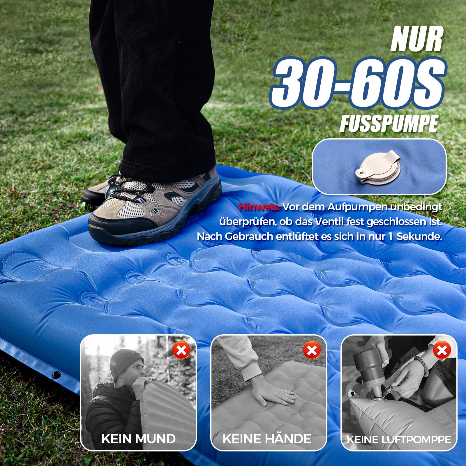 NAPASA Isomatte Camping, 14CM Verdicktes Aufblasbare Matratze mit Eingebauter Fußpresse Pumpe & Kissen, Wasserdicht, Anti-Ripstop Schlafmatte für Wandern, Strand, Reisen, Zelt(Blau)