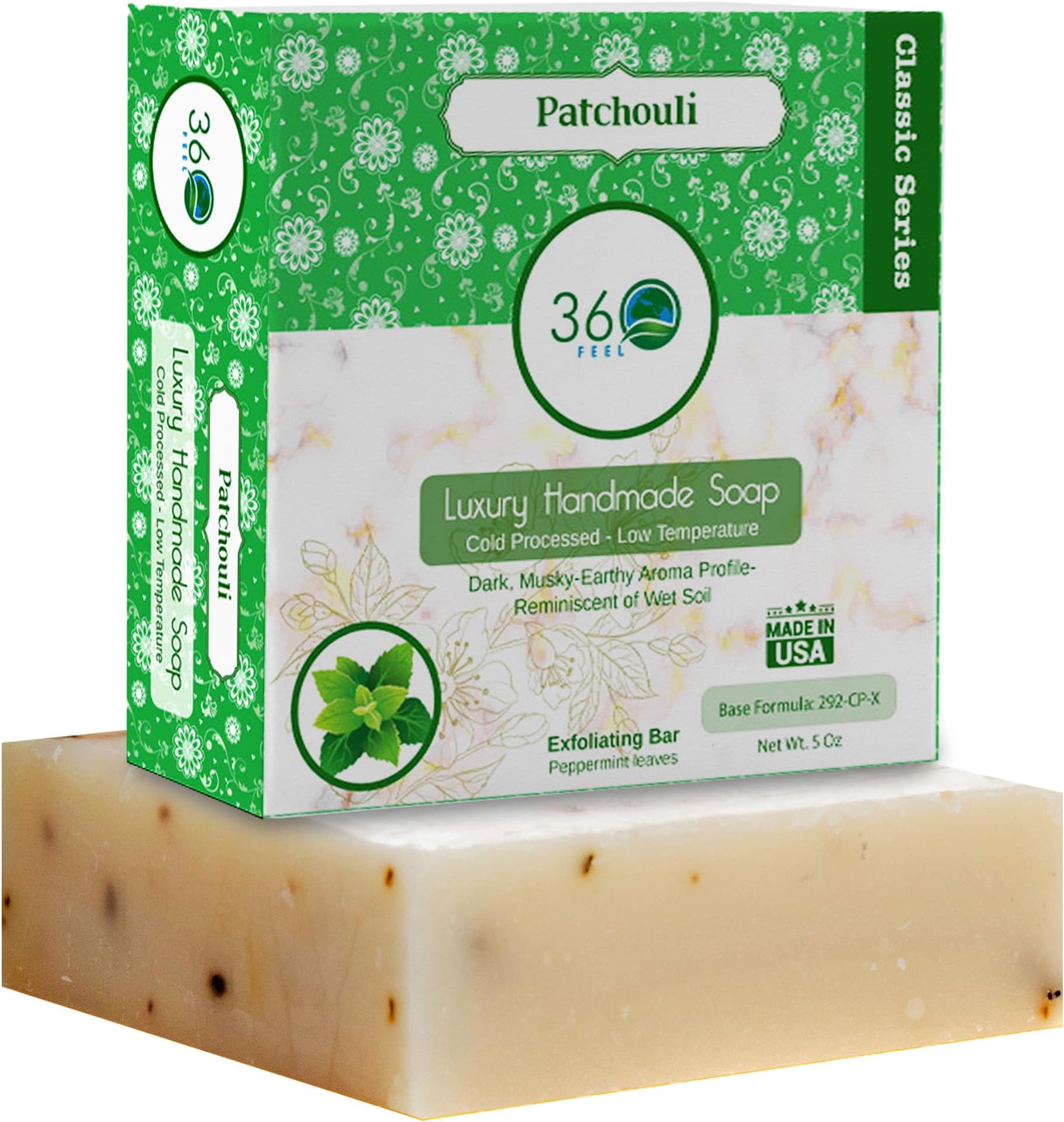 360Feel Patchouli Soap - Made in the USA - Castile Handmade, All Natural, Cold Processed - Infused with Patchouli for Relaxation and Gentle Cleanse - Rich Moisturizing Lather - 5 oz