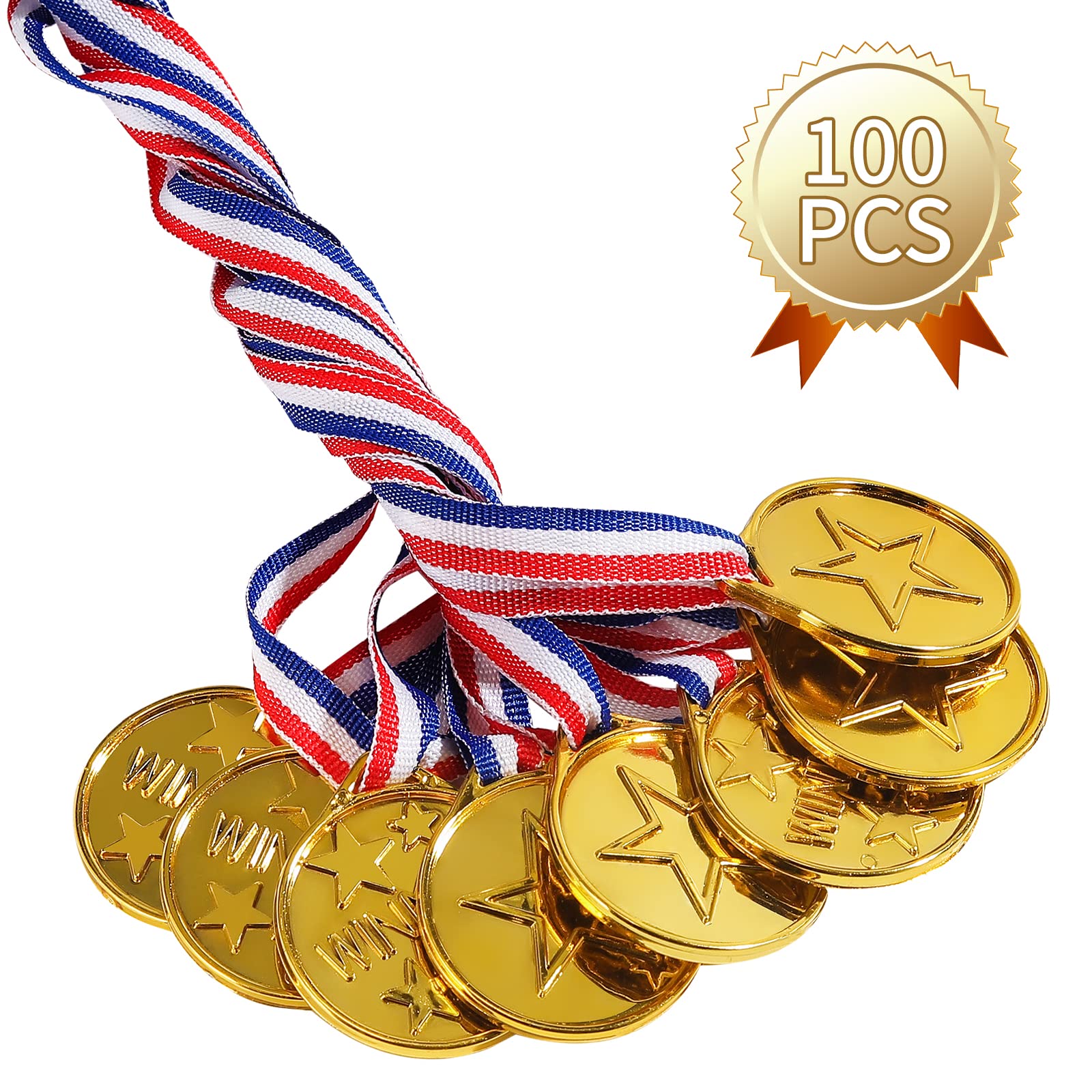 JIEJOYS 100 Pieces Gold Plastic Winner Medals for Awards for Kids, Award Medals for Kids Sports Awards, Games Competitions, Prizes,Party Favors and Decorations.