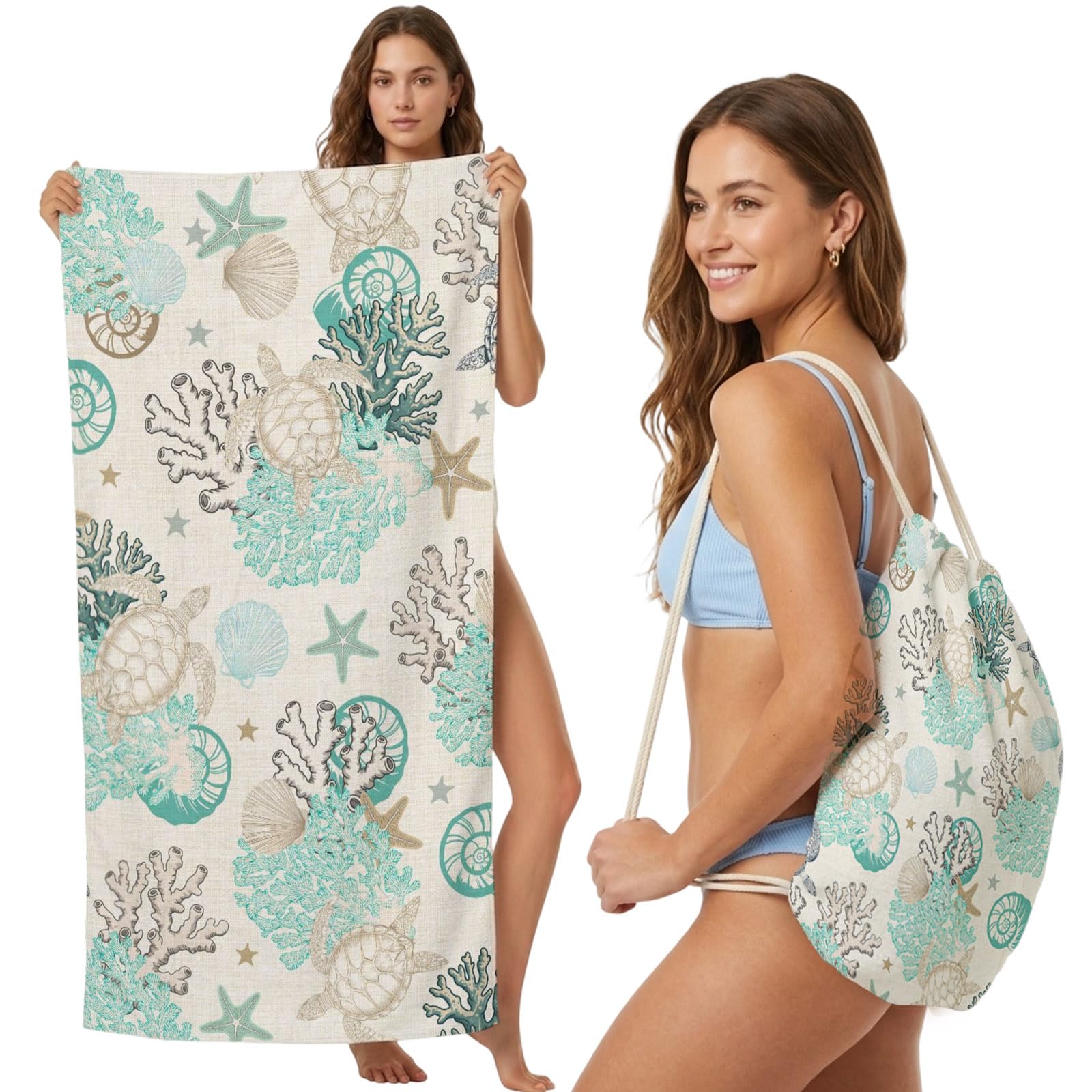 FWJZDSP Beach Towel Backpack, Coastal Turtle Starfish Shell 2-in-1 Foldable Soft Microfiber Quick Dry Beach Towel 31.5x63in Retro Linen Lightweight Pool Towels Bag for Travel, Yoga, Gym
