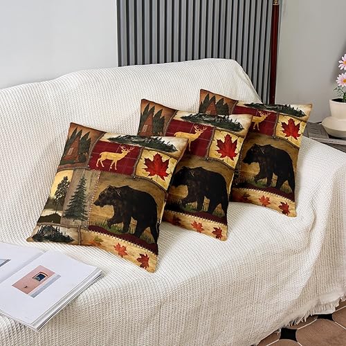 Miniatura 4 de Juego de 2 fundas de almohada rústicas de 24 x 24 pulgadas, fundas de cojín retro de cabaña, fundas de almohada cuadradas decorativas de oso de