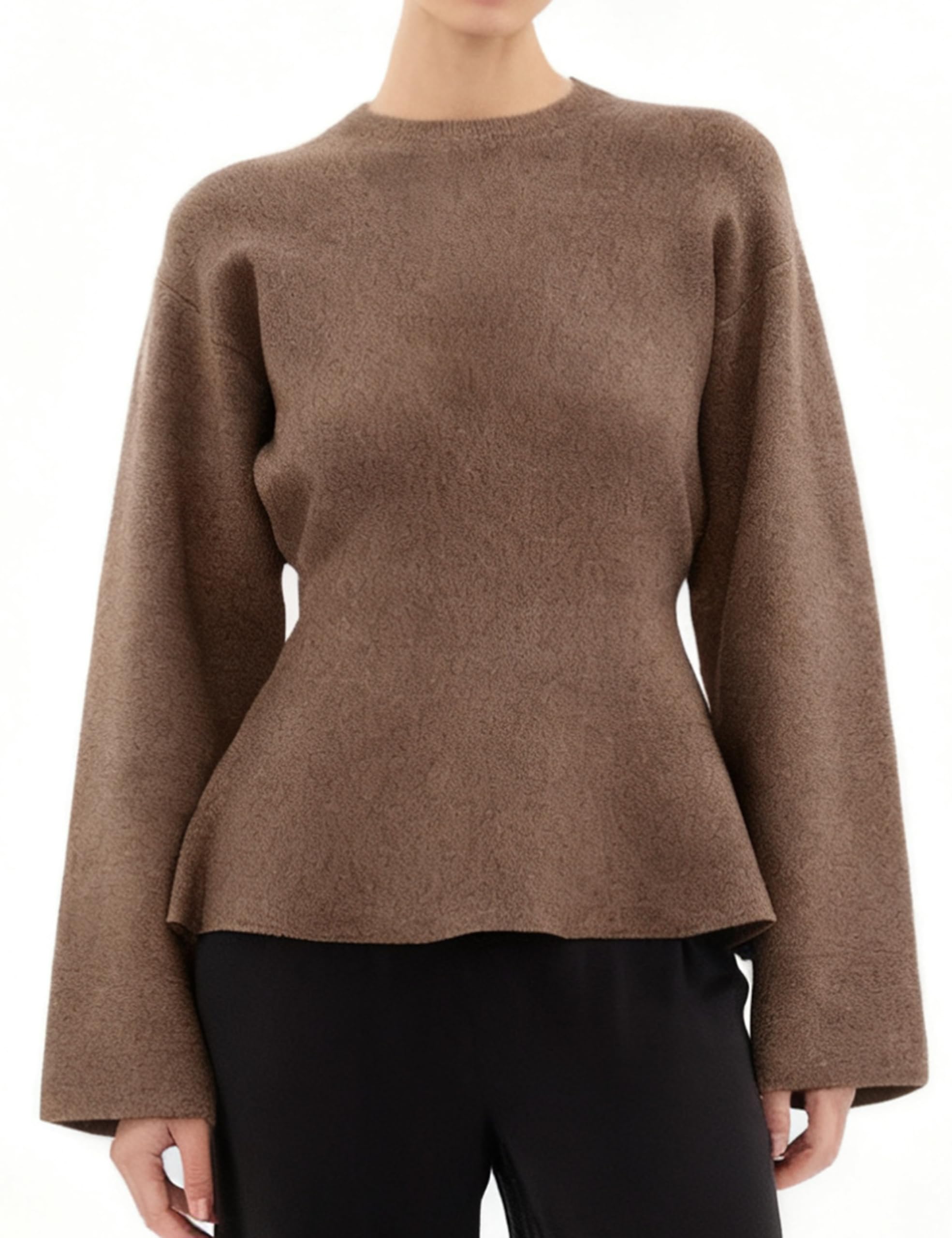 Womens Long Sleeve Sweater Self Tie Belted Peplum Loose Crew Neck Knit Pullover Jumper XSmall Camel