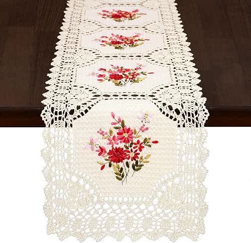 Grelucgo Handmade Crochet Table Runner with Floral Embroidery, Pink and