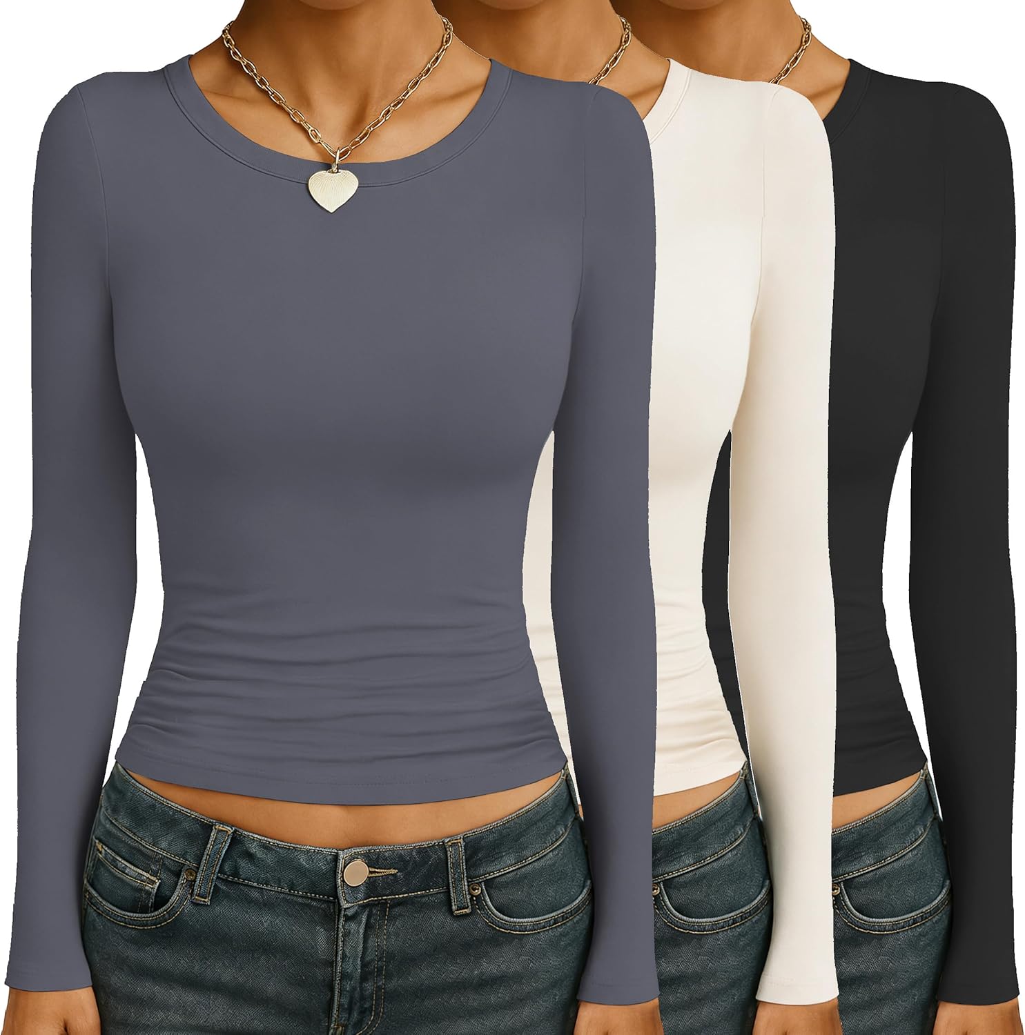 Ekouaer Womens 3 Pack Long Sleeve Shirts Ruched Side Fitted Undershirts Round Neck Underscrubs Thermal Tops XS-XXL