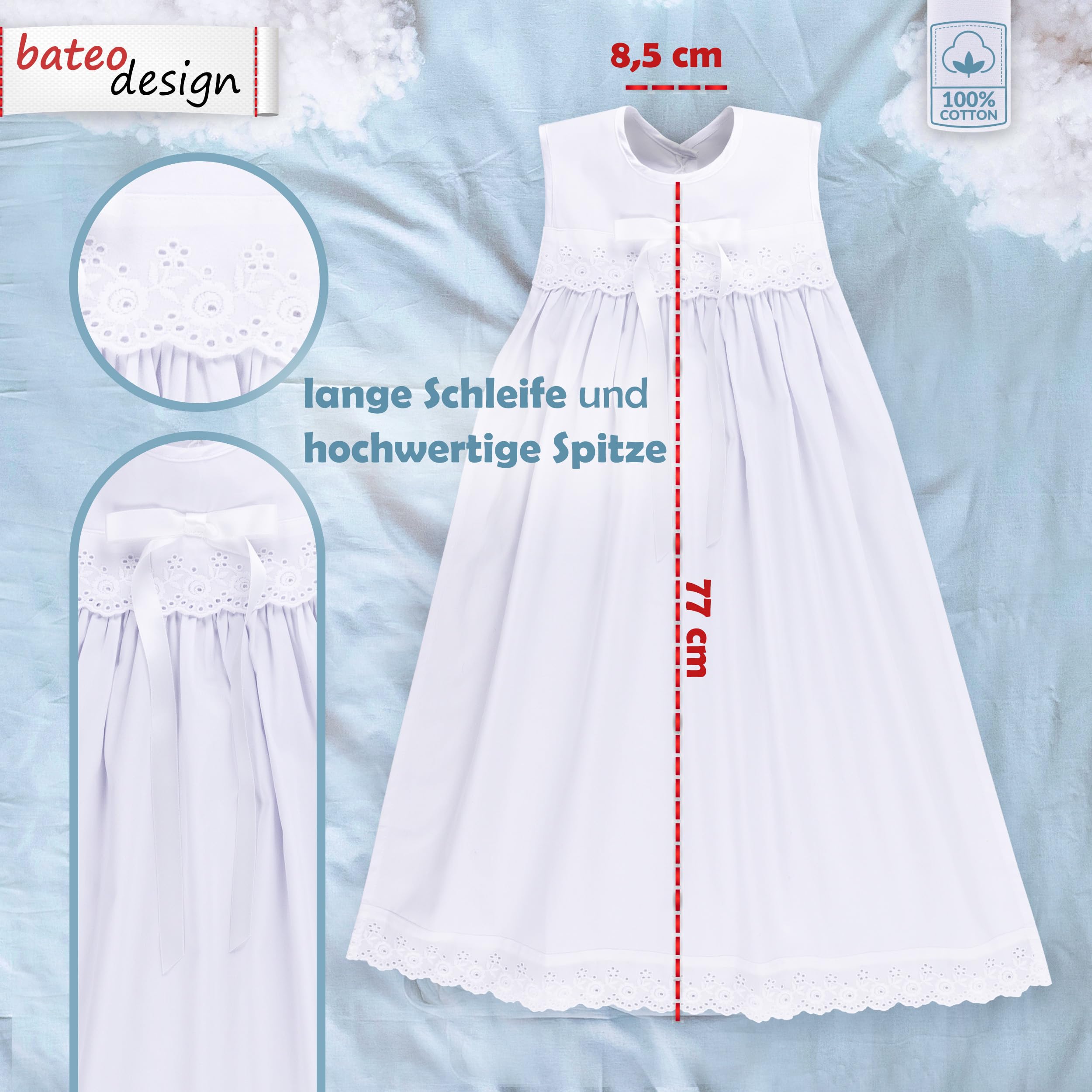 Baby Taufaufleger aus weißer Baumwolle mit Spitze + Schleife in weiß, Unisex, festliche Taufbekleidung für Mädchen und Jungen geeignet