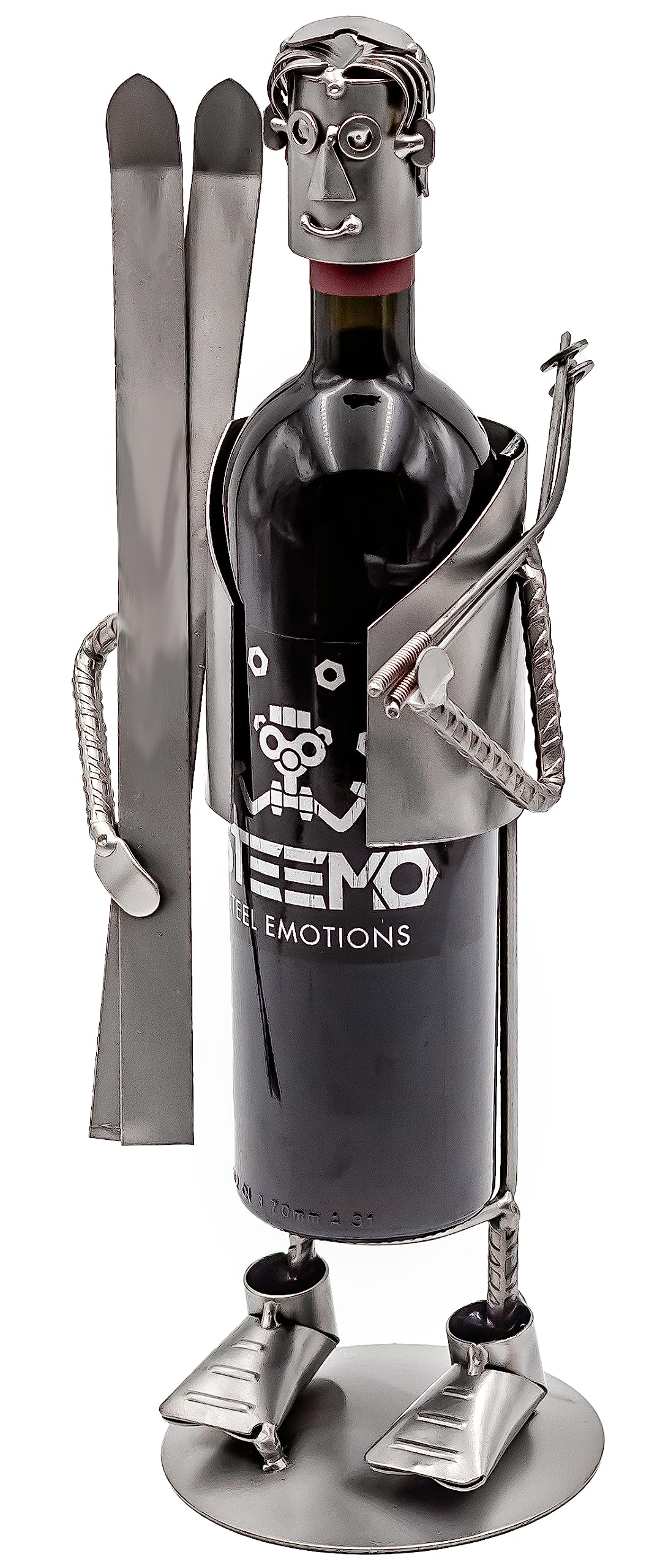 STEEMO Original Schraubenmännchen Weinflaschenhalter – Skifahrer Ski-Fan Wintersport - Handgefertigter Flaschenständer aus Stahl, Nachhaltiges Geschenk für Sportfans, Kreative Wein-Deko, Weinhalter