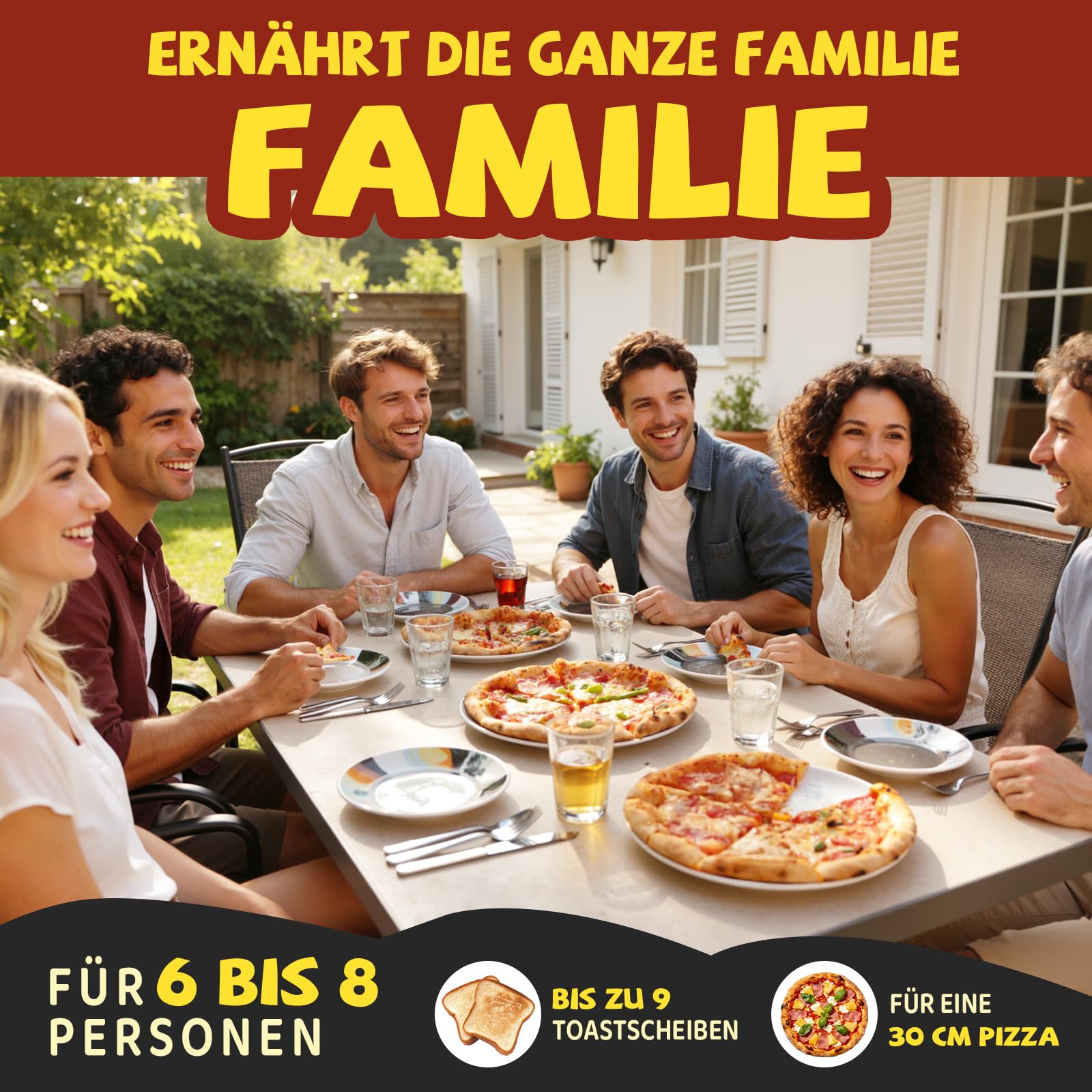 Elektrischer Pizzaofen - 6 Programme, 1700W, max. 450°C, geeignet für 32cm Pizzen - 5-in-1-Multifunktion: Pizza, Grillen, Warmhalten, Backen und Kochen