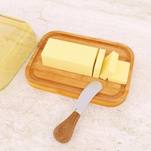Miniatura 2 de Mantequillera con tapa para frescura de encimera y refrigerador, plato de mantequilla de vidrio con plato de bambú grueso, bandeja de mantequilla,