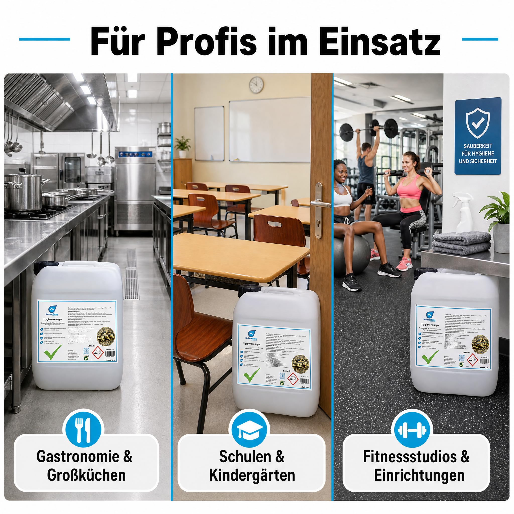 KaiserRein Hygienereiniger Konzentrat, Profi-Universalreiniger für Bad, Küche & Boden, Sanitärreiniger/Kalkreiniger/Fettlöser, 10 L Kanister, schaumfähig für wasser- & säurebeständige Oberflächen