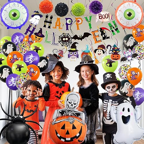 Miniatura 3 de Decoraciones de fiesta de Halloween pancarta, kit de arco de globos con fantasma blanco y globos de lámina de araña negra, serpentinas en espiral y