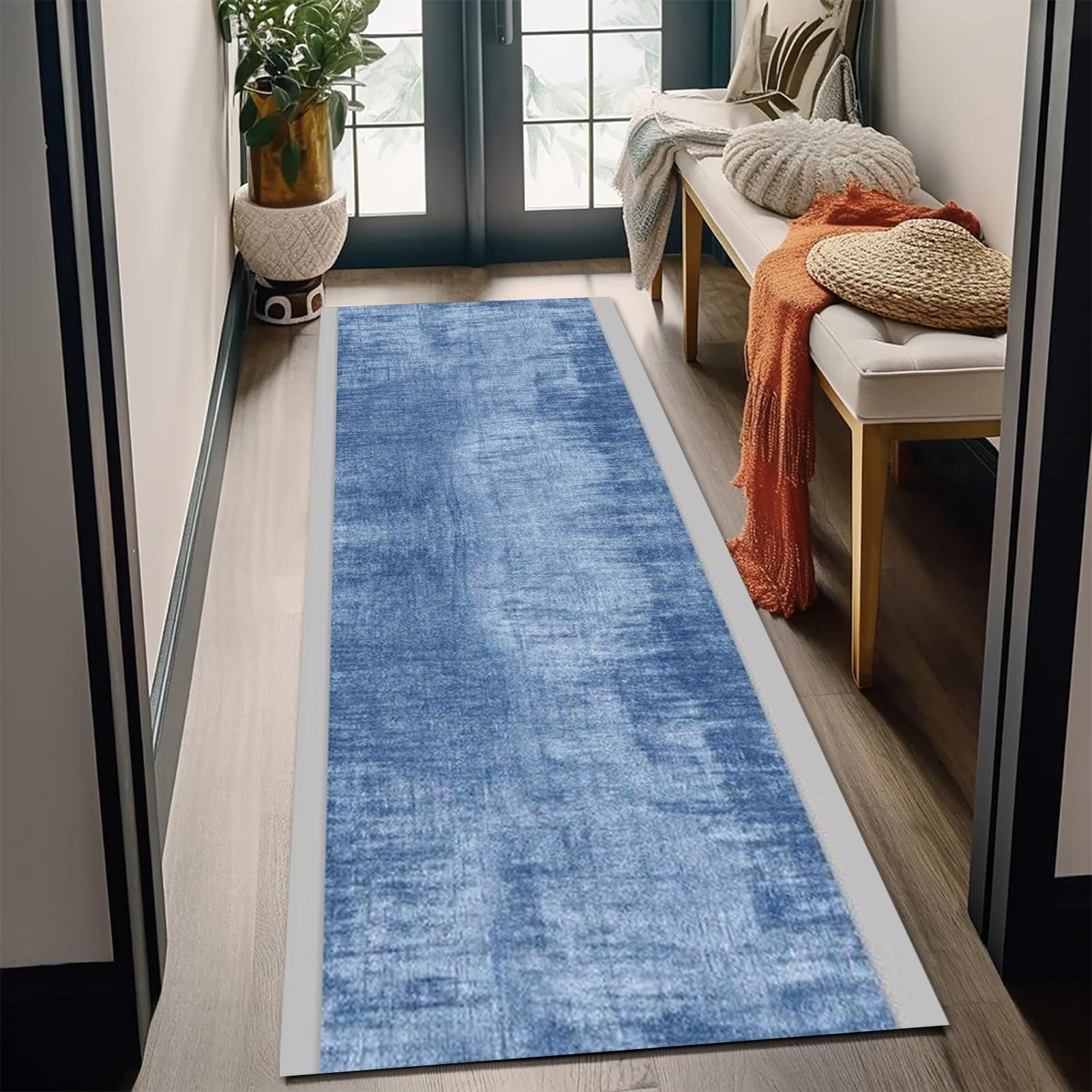 Tappeto resistente antiscivolo blu per corridoio, lavabile, per soggiorno, ingresso, camera da letto, lavanderia, 80 x 300 cm, elegante decorazione per la casa