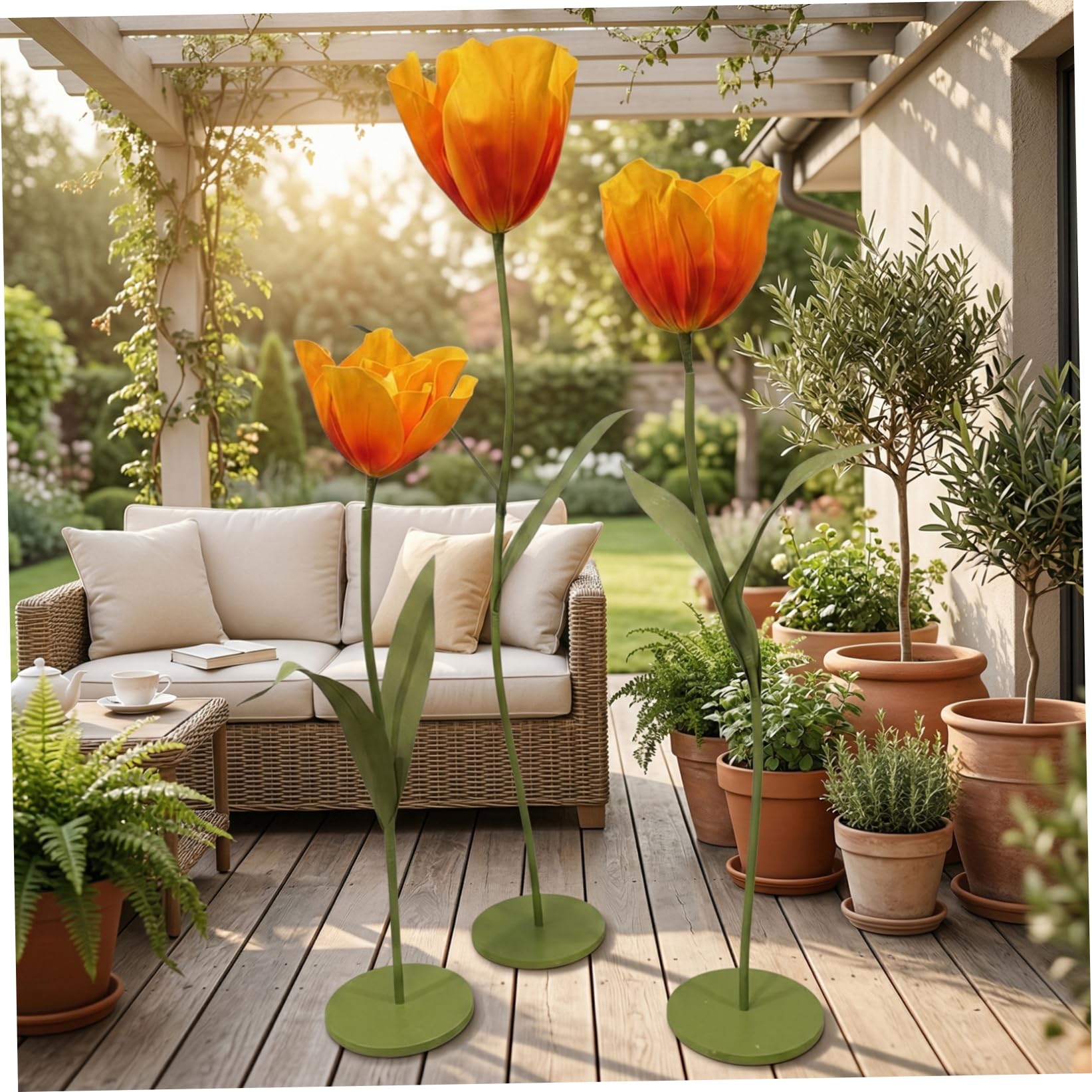 Große Blumen für Dekorationen, Riesige künstliche Blumen, 3 teiliges stehendes Blumenarrangement mit Sockel für Hochzeiten, Schaufensterdekorationen, Fotoshootings, Gelb orange Riesenblumen, Groß