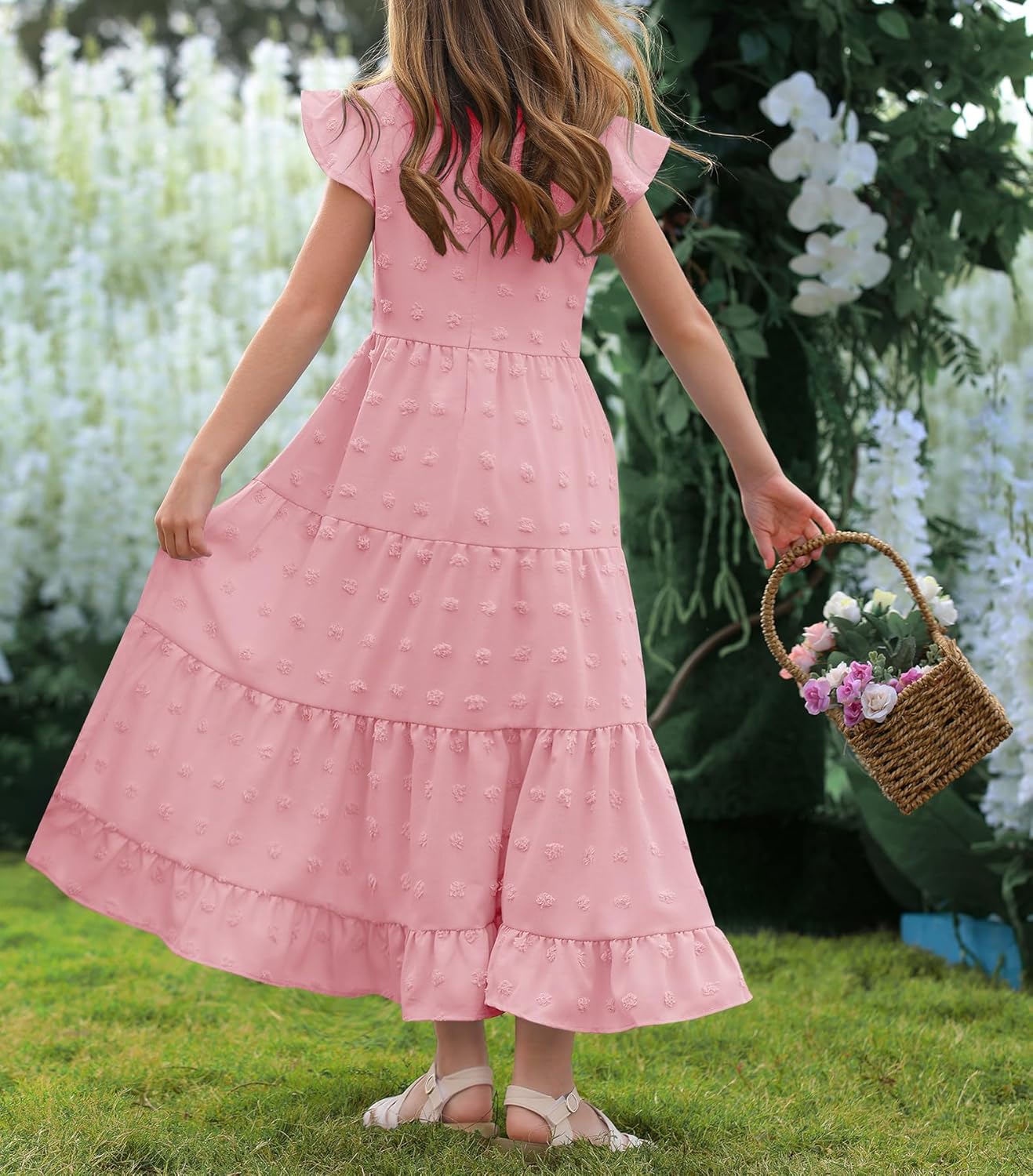 HOSIKA Girls Maxi Dress Ruffle Sleeve Swiss Dot A Line Tiered Flowy Casual Party Dresses with Pockets for 6-12 Y - Image 5