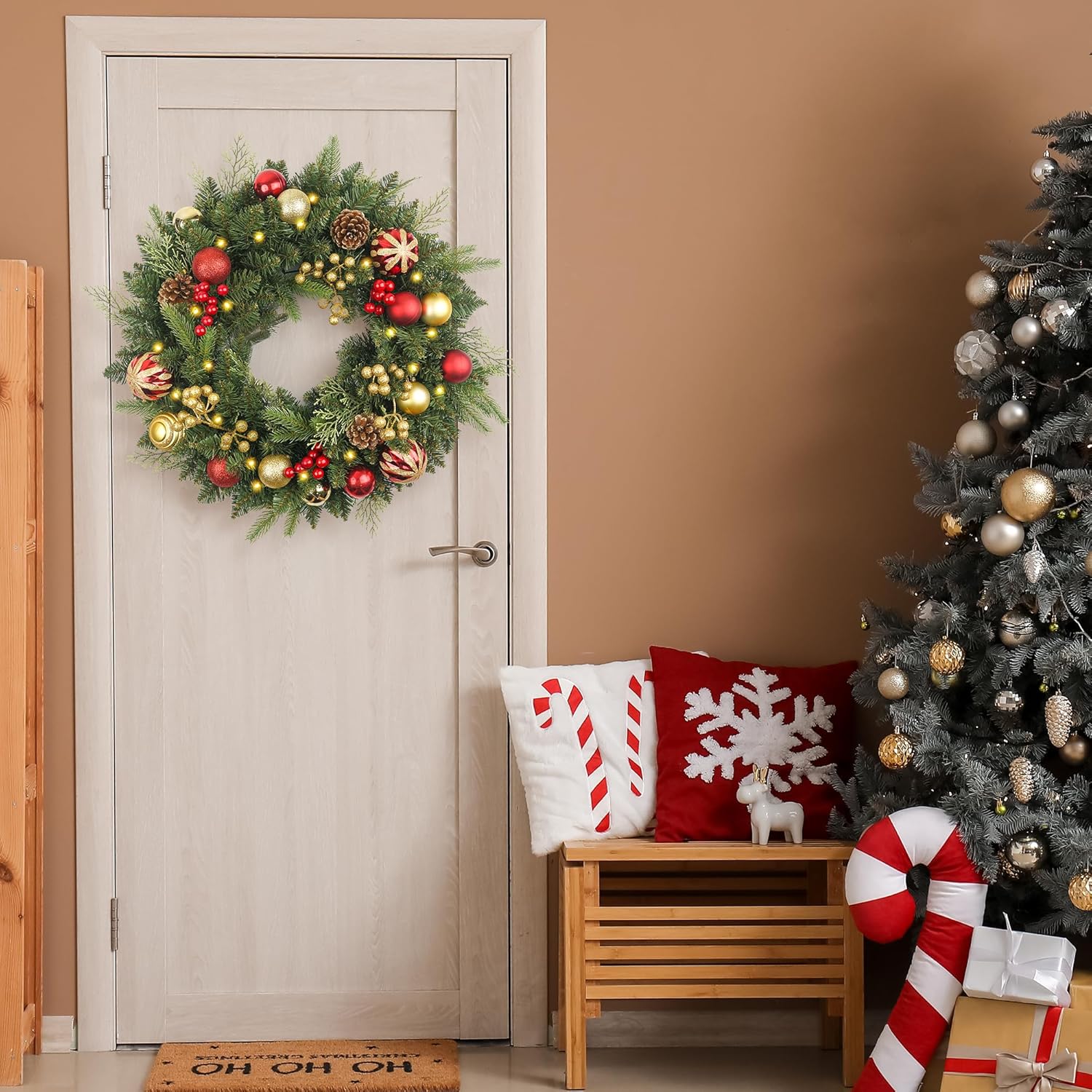 Christmas Wreath Pre-lit 24 inch with 50 Light & Red Gold Ball Pine Cone, Artificial Christmas Wreaths for Front Door with Lights, Wreath for Christmas Decoration Door Windows Wall Green