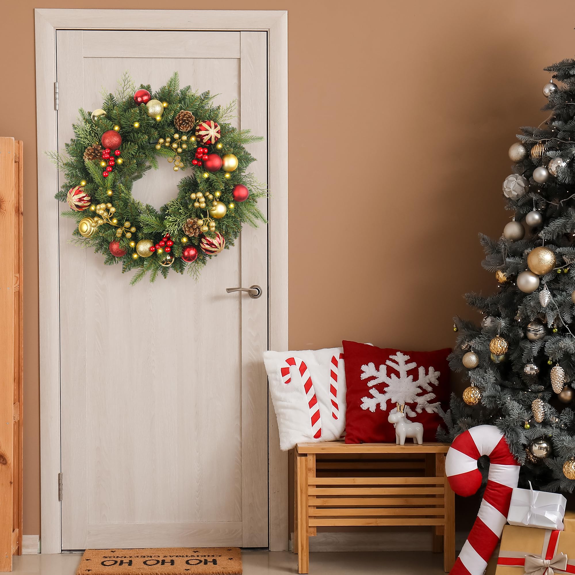 Weihnachtskranz Vorbeleuchtet 61.0 cm mit 50 Licht & Rotgold Kugel Tannenzapfen, Künstliche Weihnachtskränze für Haustür mit Lichtern, Kranz für Weihnachtsdekoration, Tür, Fenster, Wand, Grün