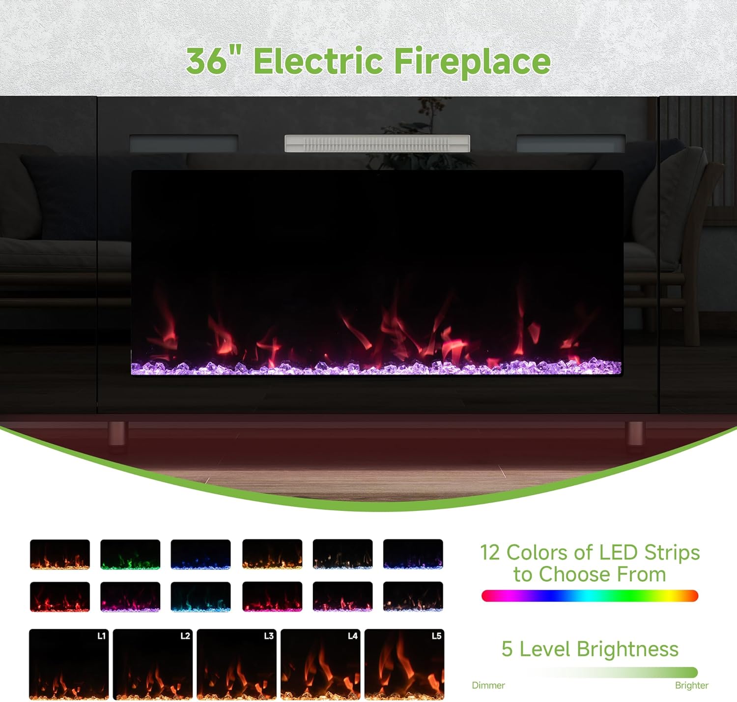 Image showing the 36-inch electric fireplace with various flame colors and brightness levels, highlighting 12 color options and 5 brightness levels.