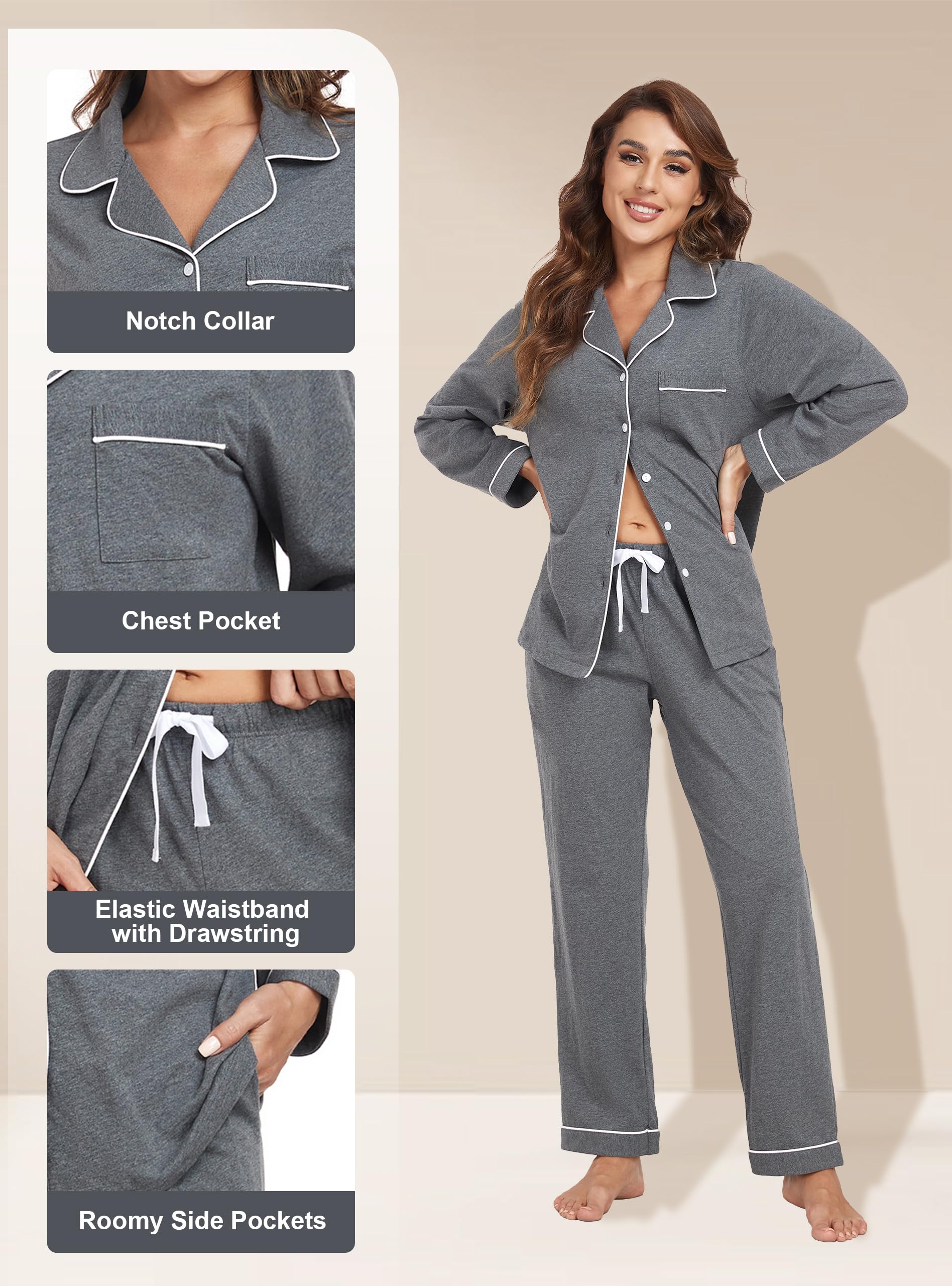 EA'S SECRET Schlafanzug Damen lang 100% Baumwolle Pyjama Sets mit Knopfleiste Langarm Zweiteiliger Nachtwäsche Hausanzug PJs