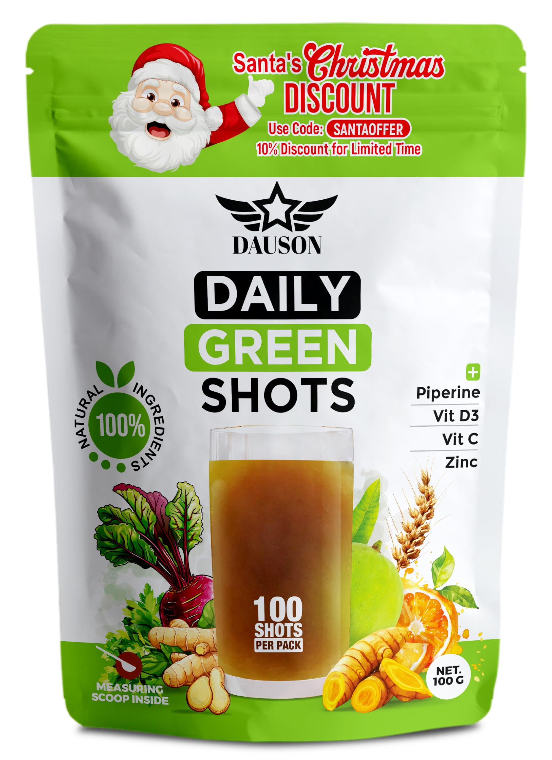 Daily Green Shots – 100 Shots of Superfood Powder with Wheatgrass, Matcha, Beetroot, Ashwagandha, Turmeric & Prebiotics – Immunity & Energy Support – Vegan Greens Supplement