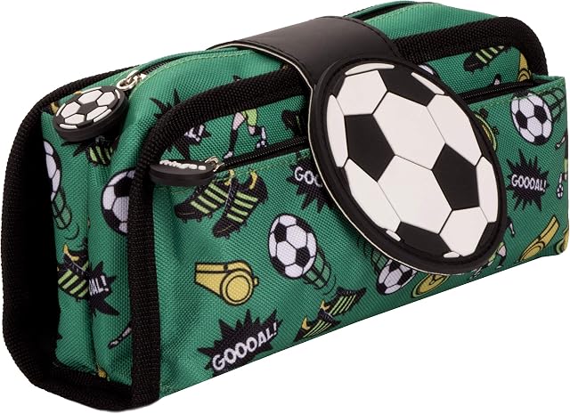 Fringoo Sillicone Patch Kids Pencil Case 2 Zipped Compartments Funny Large Stationery Pouch for Teenagers School University (Football)