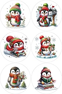 12 Penguins Christmas Selection - Card Making Toppers Self Adhesive Circles - Glossy Finish Medium 88mm (3.5 inches) Diameter - Pack of 12 (Two Sheets of 6) - Crafts Labels