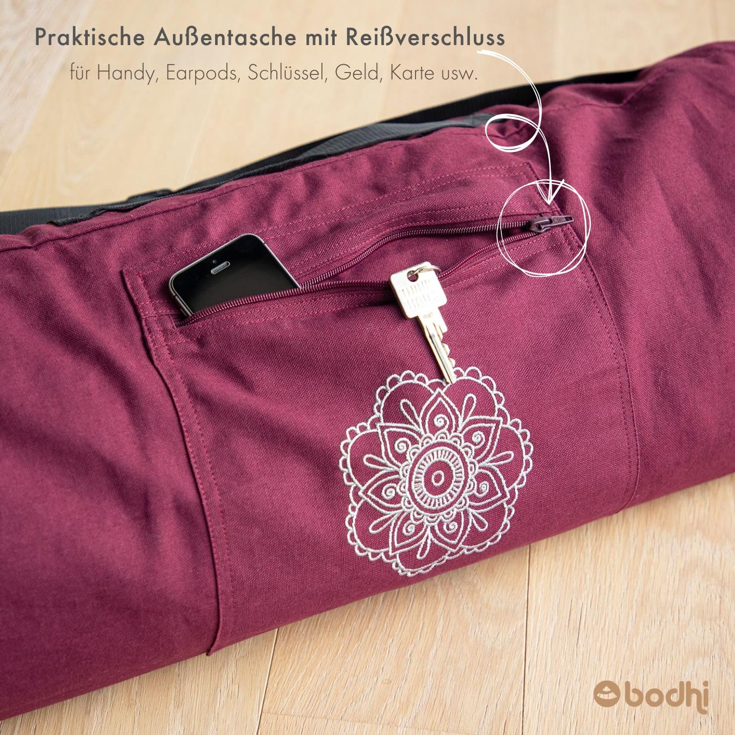 Bodhi SURYA BAG COTTON | Yogatasche groß für Schurwollmatten & Yogamatten | Tasche aus 100% Baumwolle im XL-Format | Sporttasche mit Mandala Design | aubergine
